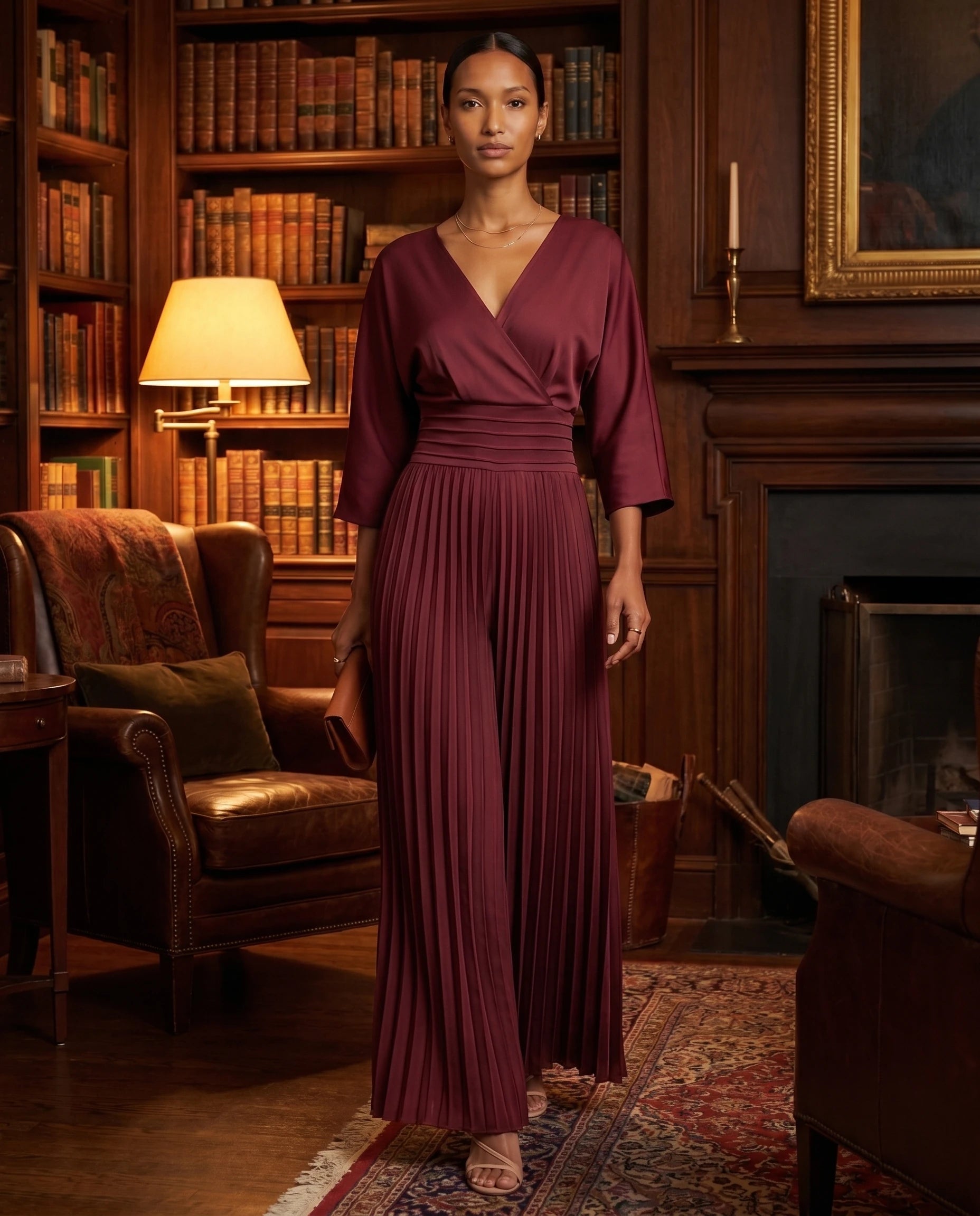 Combinaison habillee plissee Berenice Bordeaux - portee dans une bibliotheque