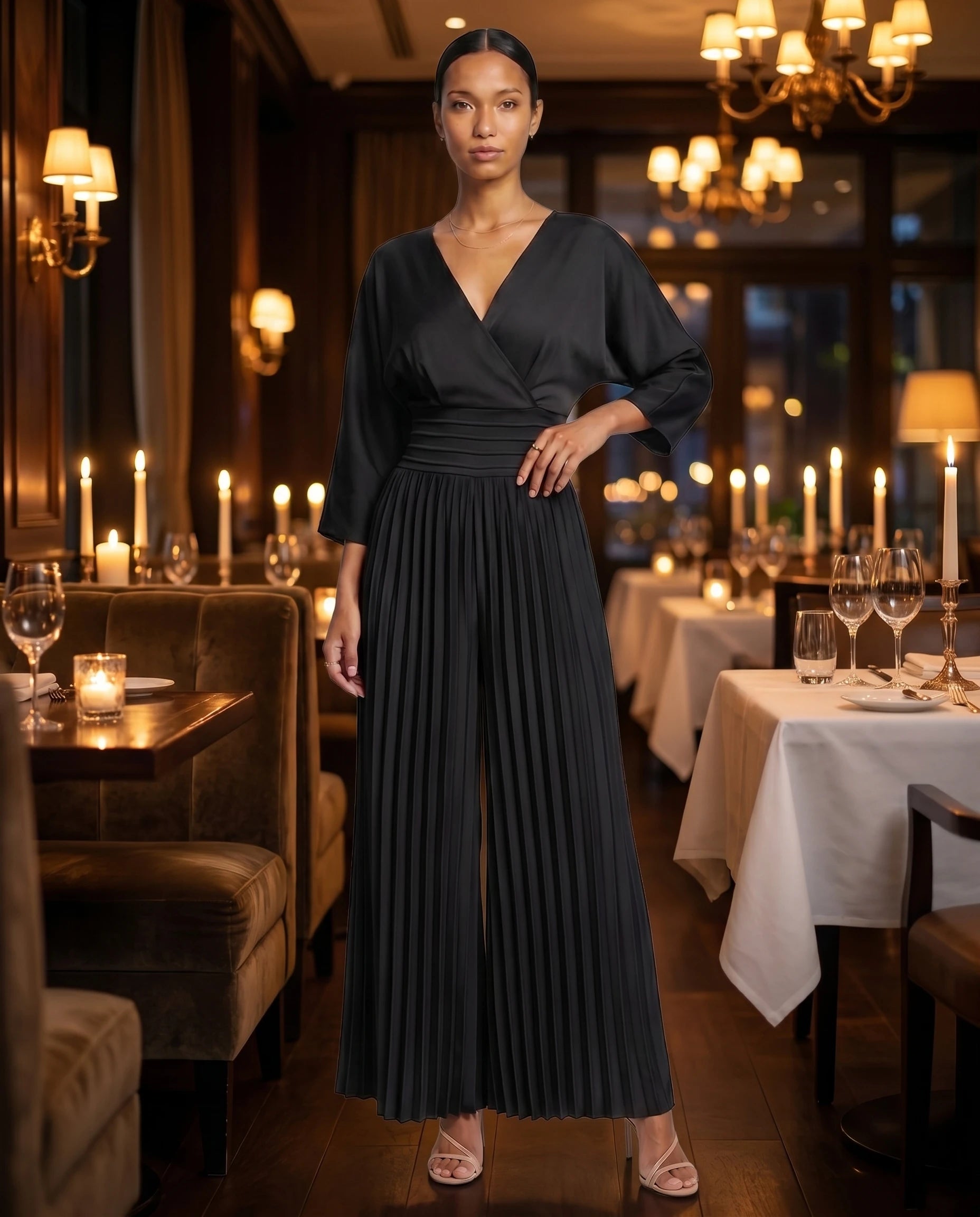 Combinaison habillee plissee Berenice Noir - portee au restaurant le soir