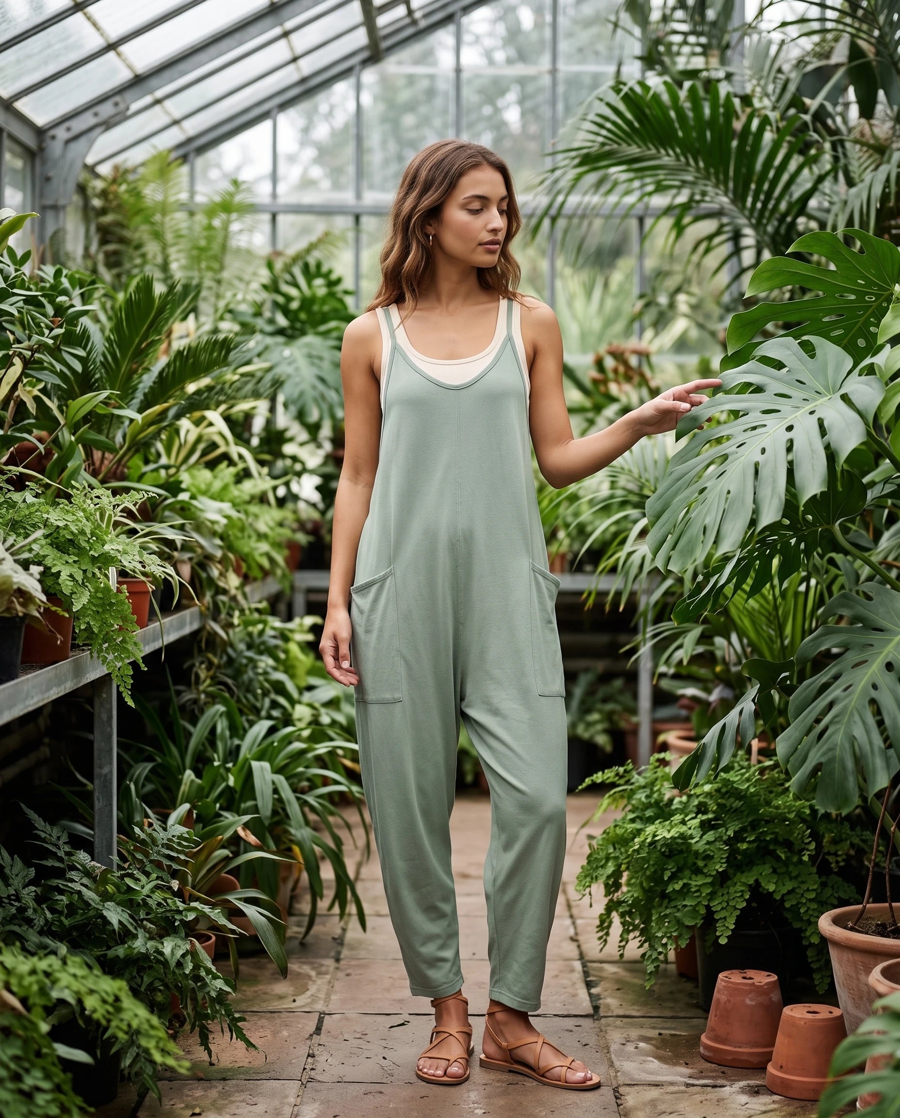 Combinaison ample à bretelles — Agathe - Vert Sauge - lifestyle