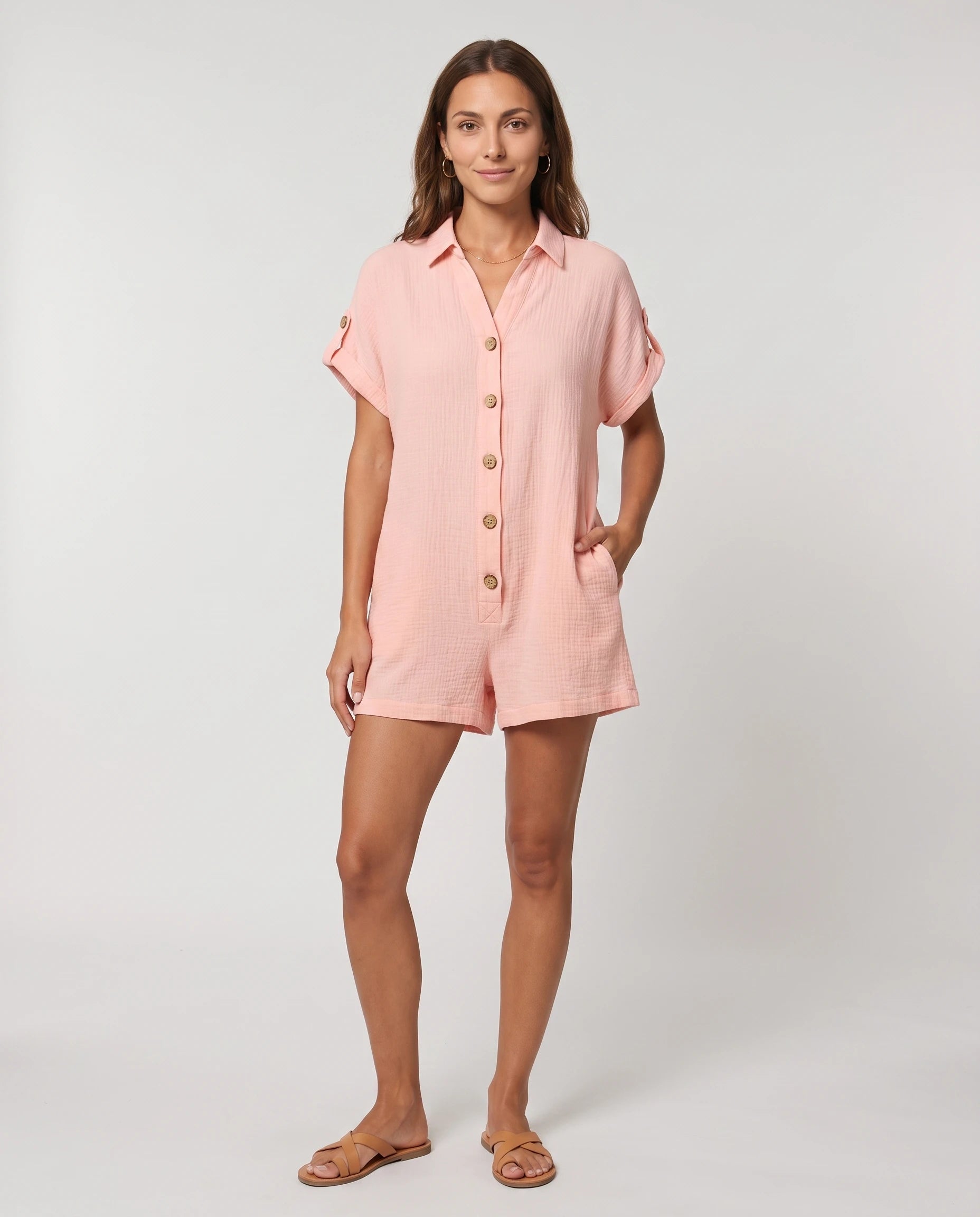 Combishort col chemise boutonné Rose Poudré — vue de face studio