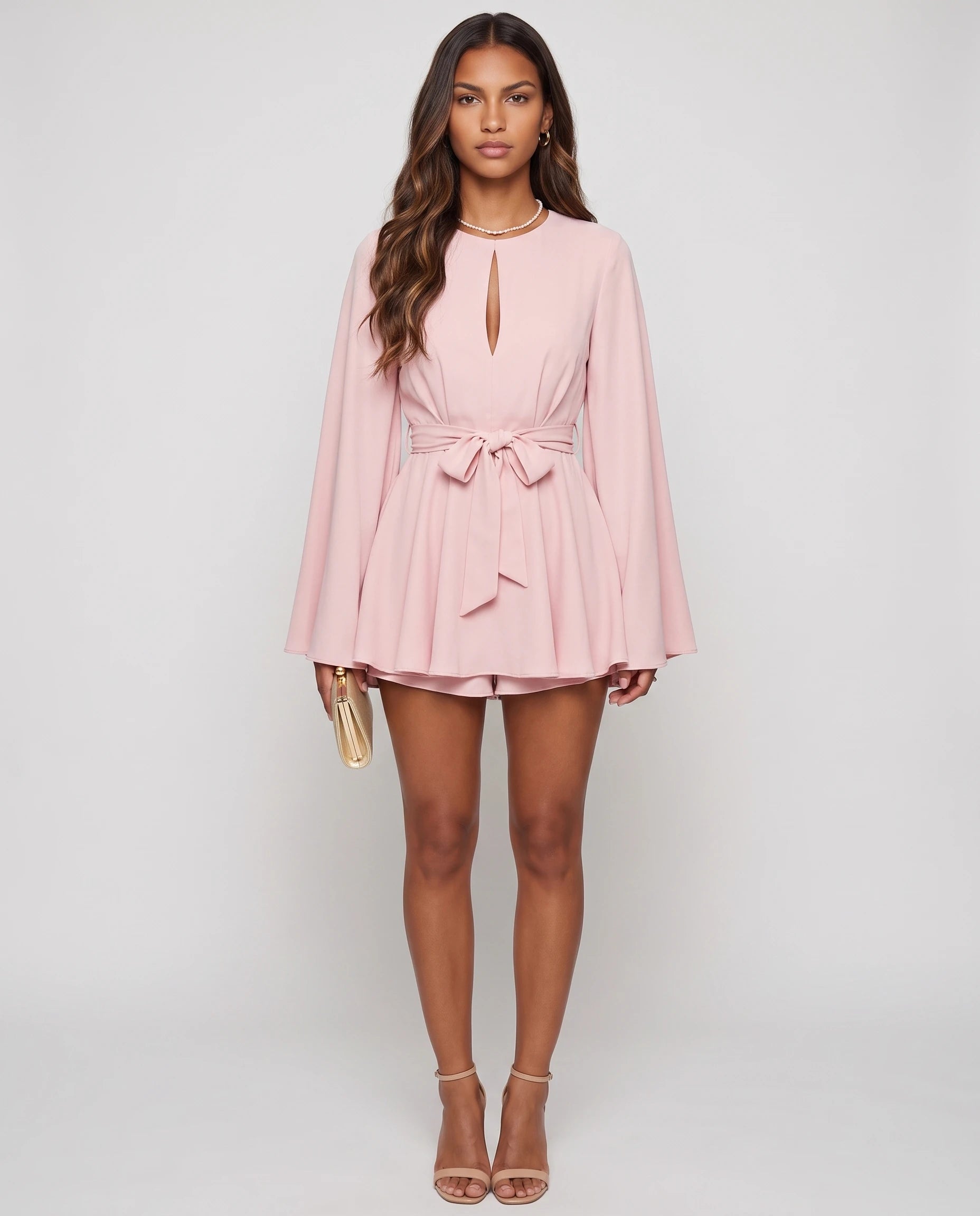 Combishort manches longues effet robe Calypso, coloris Rose, vue de face en studio
