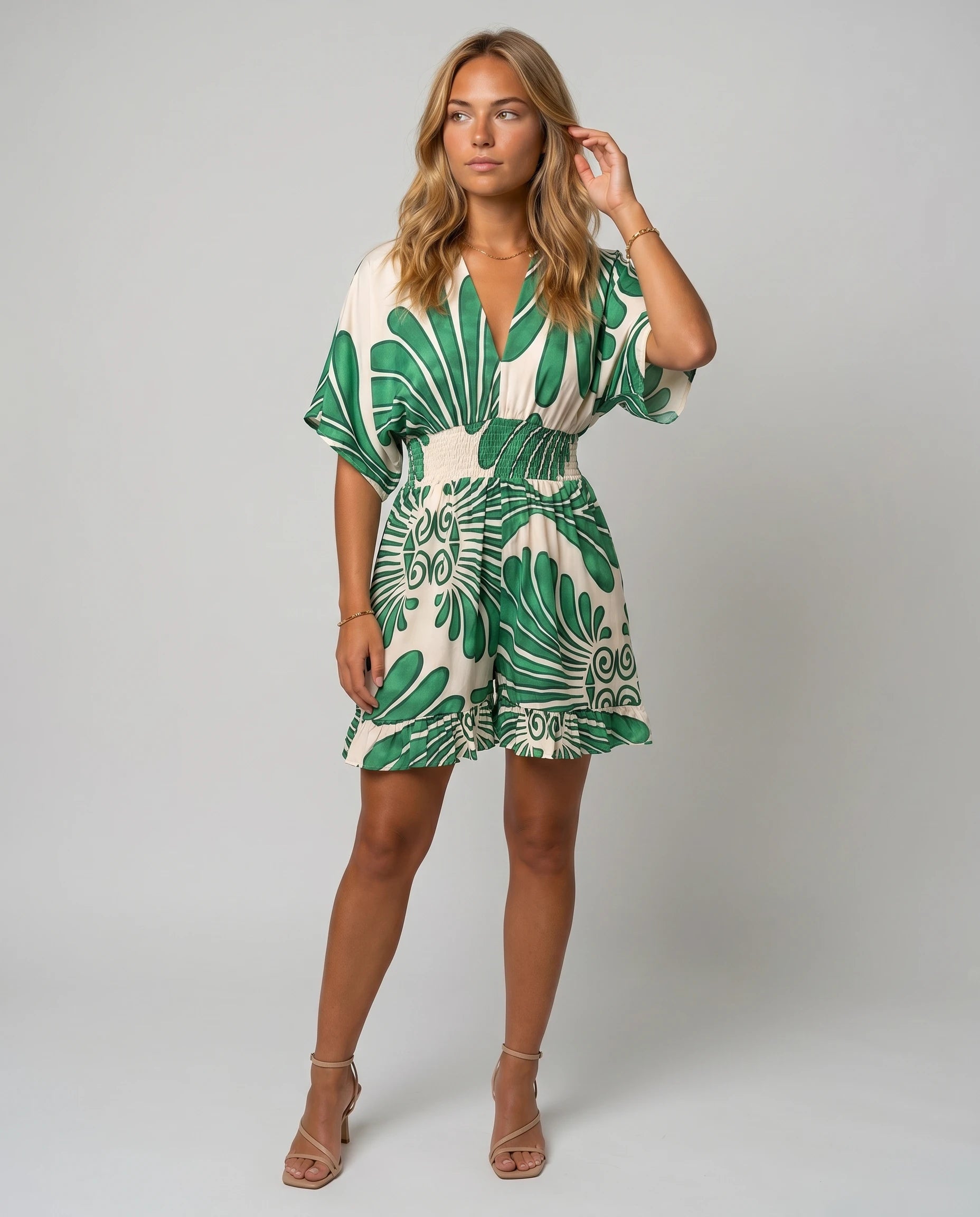 Combishort imprime col V Coline, coloris Vert, vue de face en studio