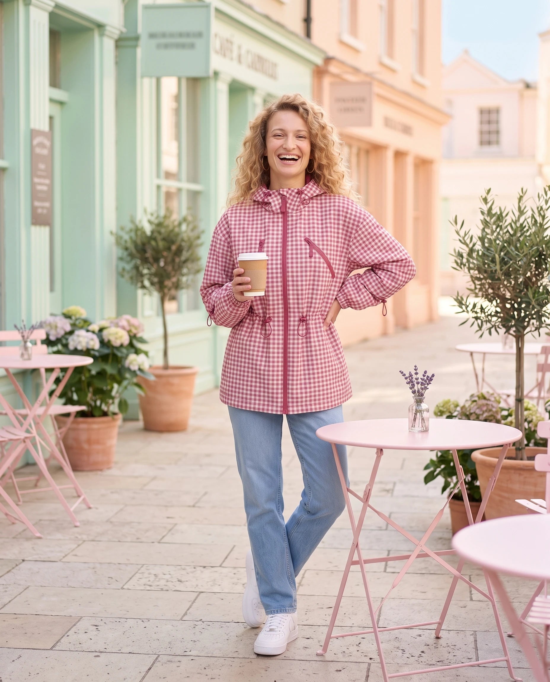 Coupe-vent en vichy rose Malou, porté sur une terrasse de café pastel