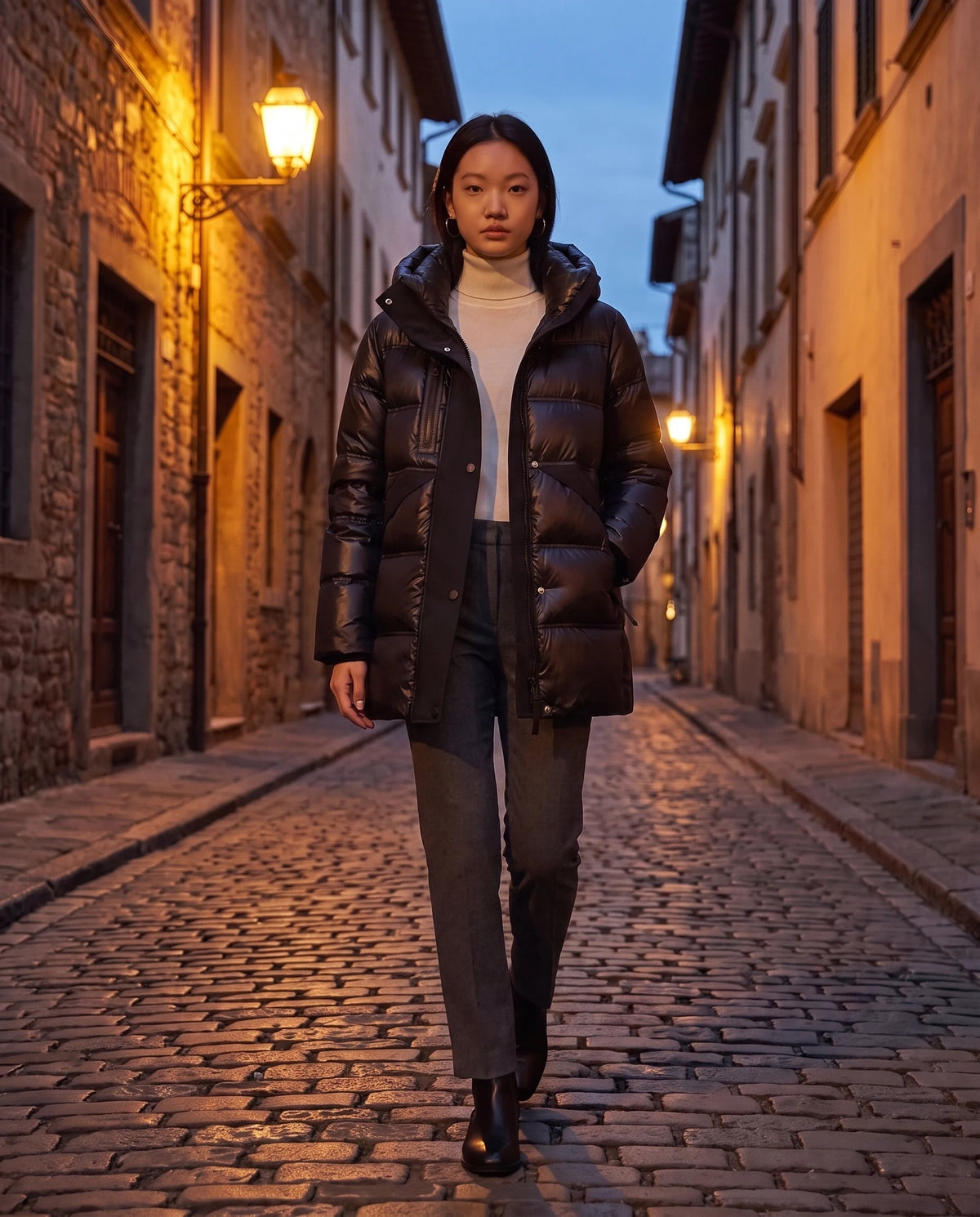 Glänzende Steppjacke mit Kapuze Vera in Schwarz, getragen in einer Altstadtgasse in der Dämmerung