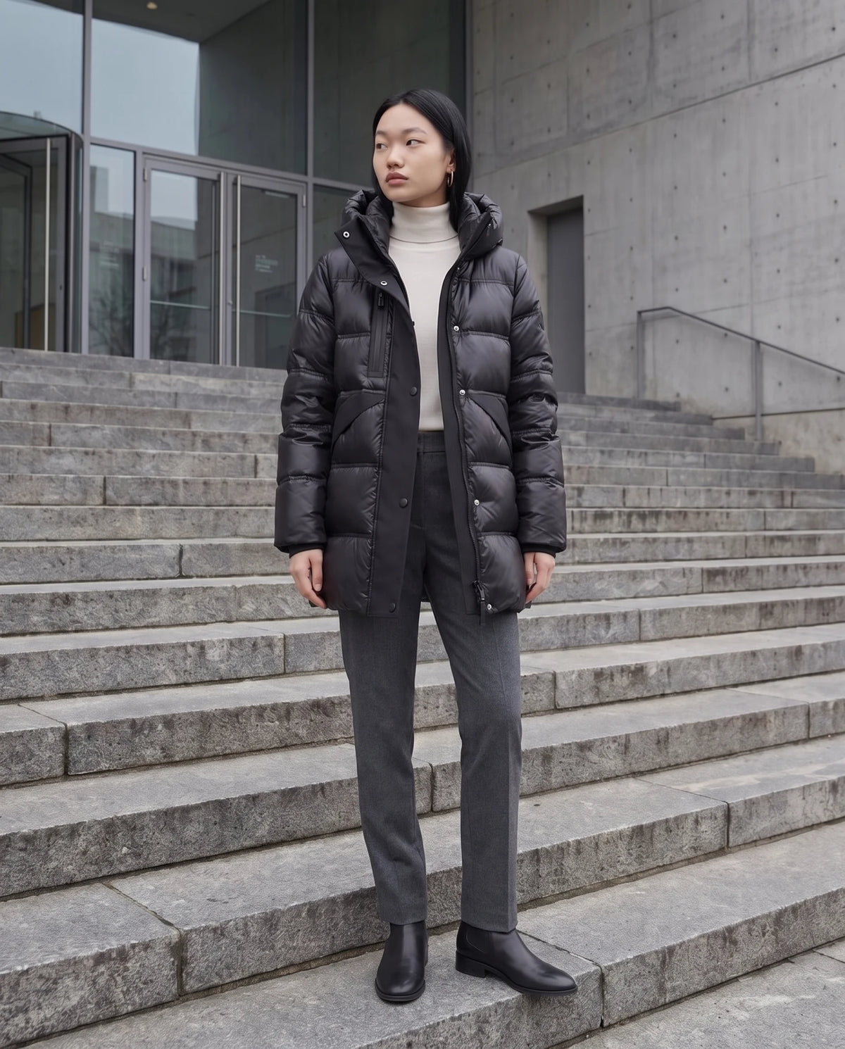 Glänzende Steppjacke mit Kapuze Vera in Schwarz, getragen auf den Stufen eines Museums