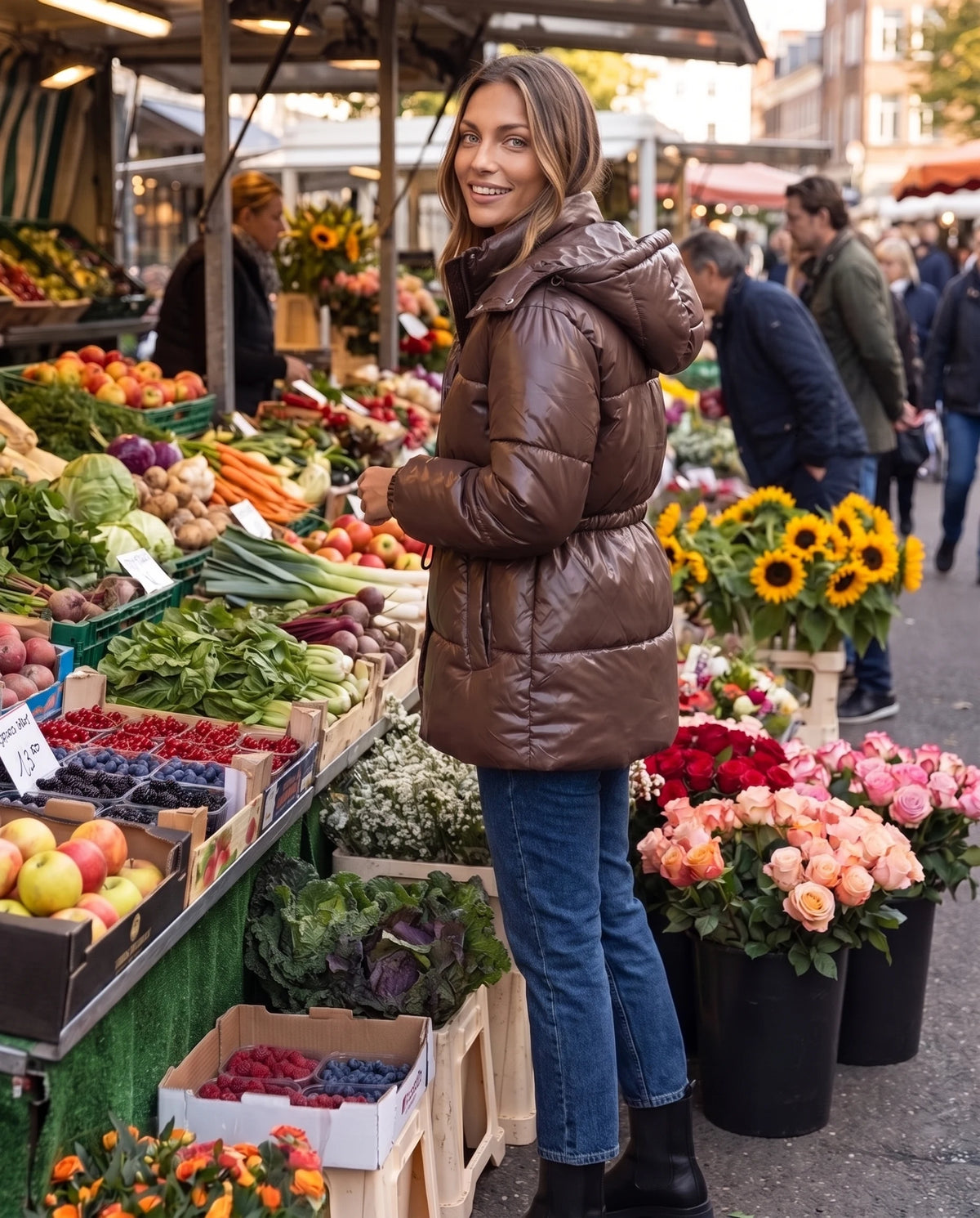 Glänzende Steppjacke Armeline in Braun, getragen auf dem Markt
