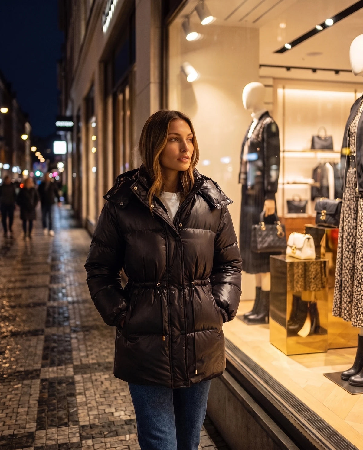 Glänzende Steppjacke Armeline in Schwarz, getragen vor einem Schaufenster am Abend