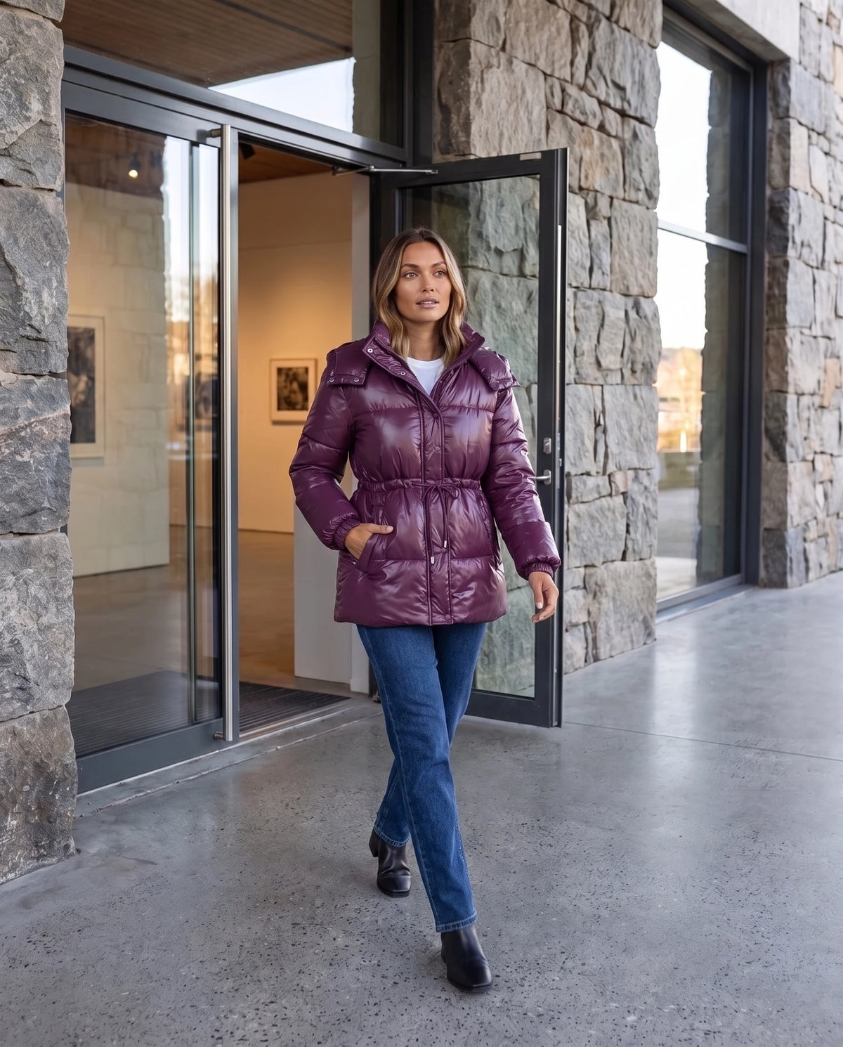 Glänzende Steppjacke Armeline in Pflaume, getragen vor einer Galerie