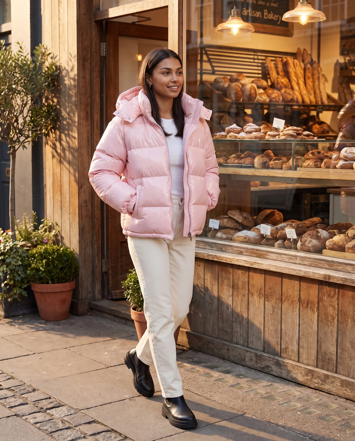 Doudoune brillante Tessa en Rose, portée devant une boulangerie