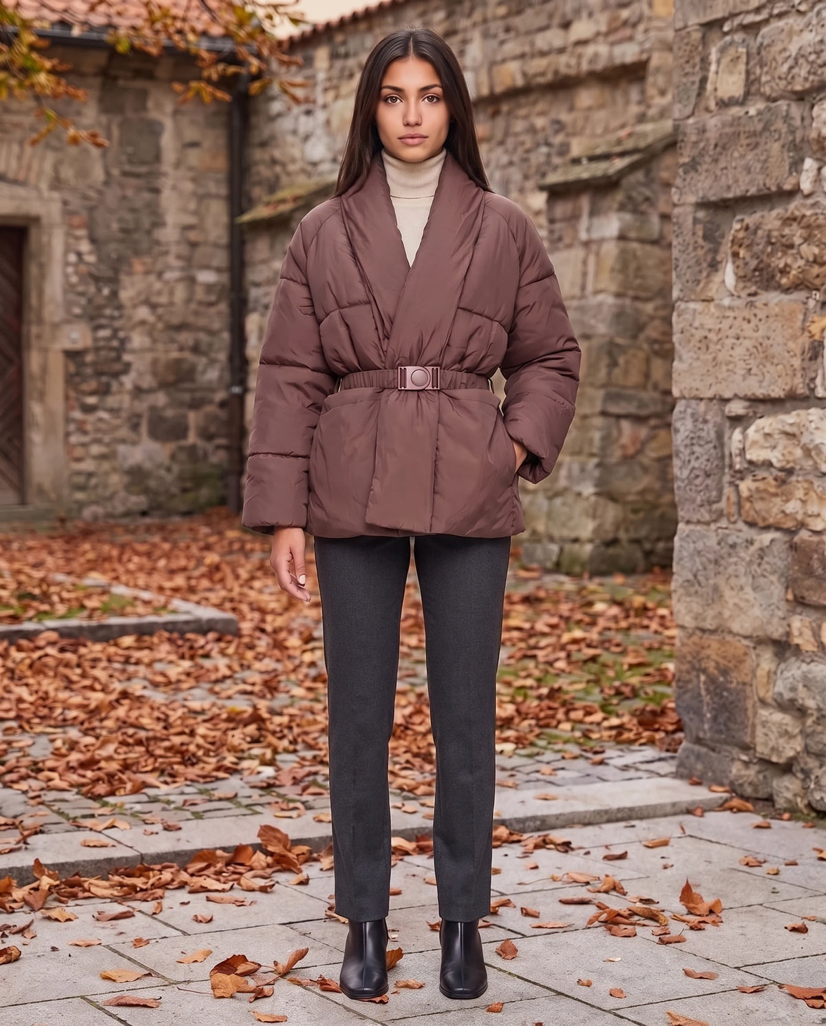 Steppjacke mit Gürtel und gekreuztem Schalkragen Chloé in Braun, getragen in einem gepflasterten Hof im Herbst