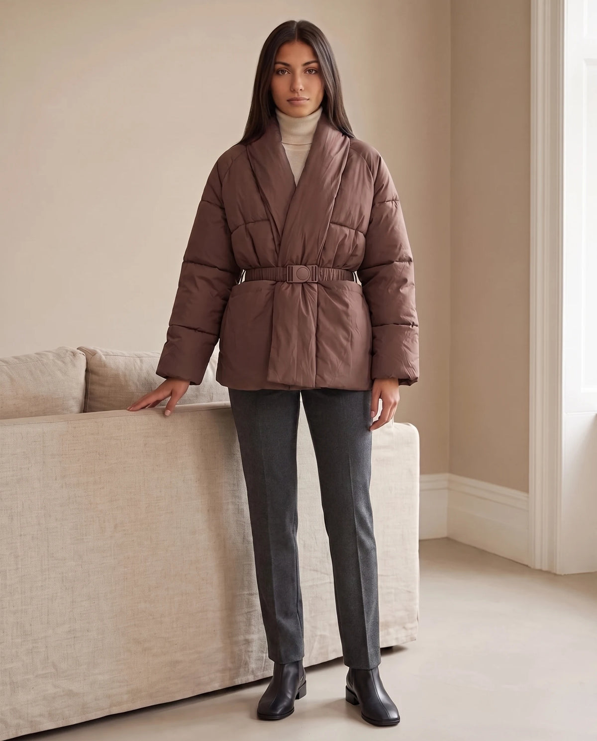 Steppjacke mit Gürtel und gekreuztem Schalkragen Chloé in Braun, getragen in einem Wohnzimmer mit beigen Wänden