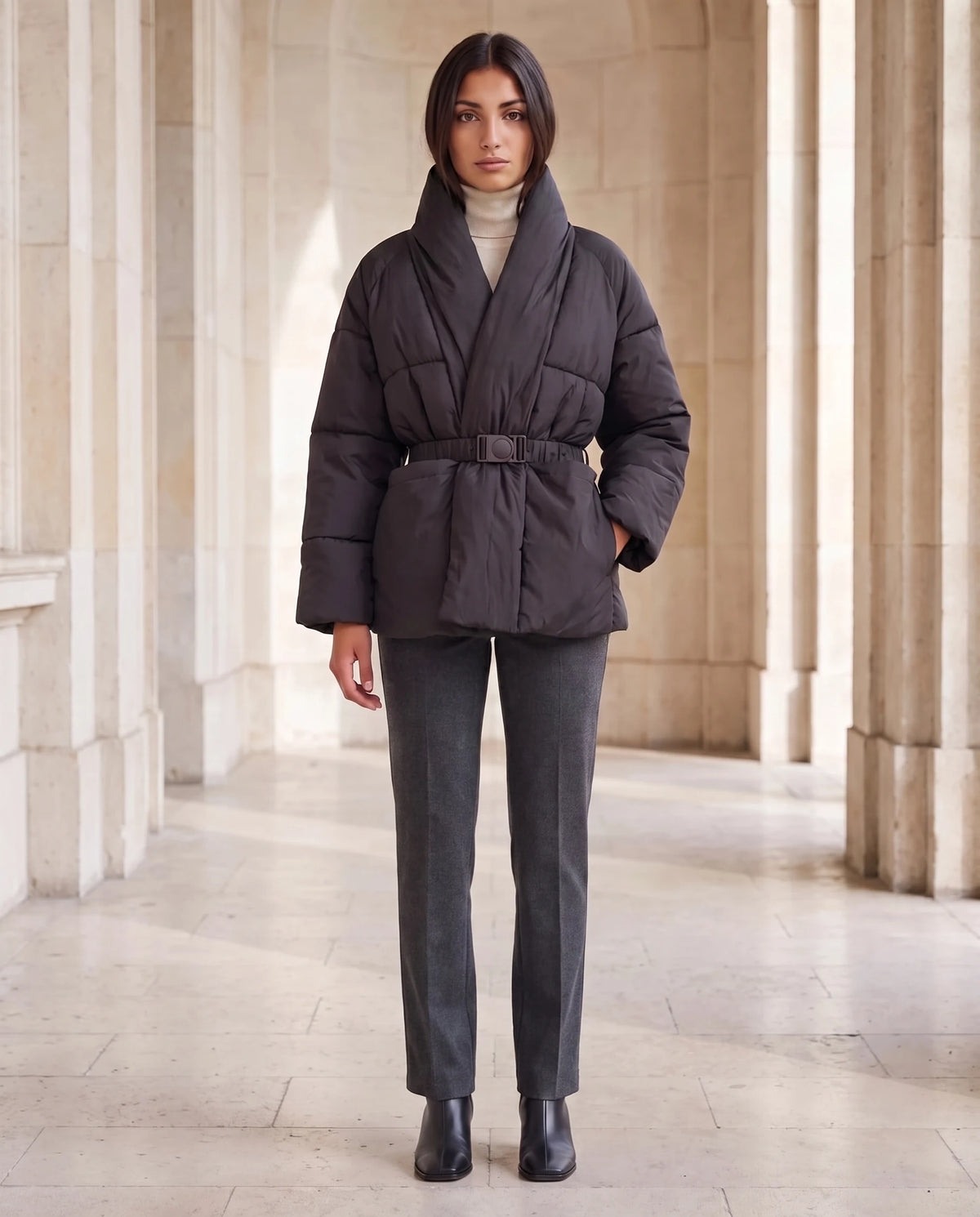 Steppjacke mit Gürtel und gekreuztem Schalkragen Chloé in Schwarz, getragen in einer Halle aus hellem Stein, mit hochgestelltem Schalkragen