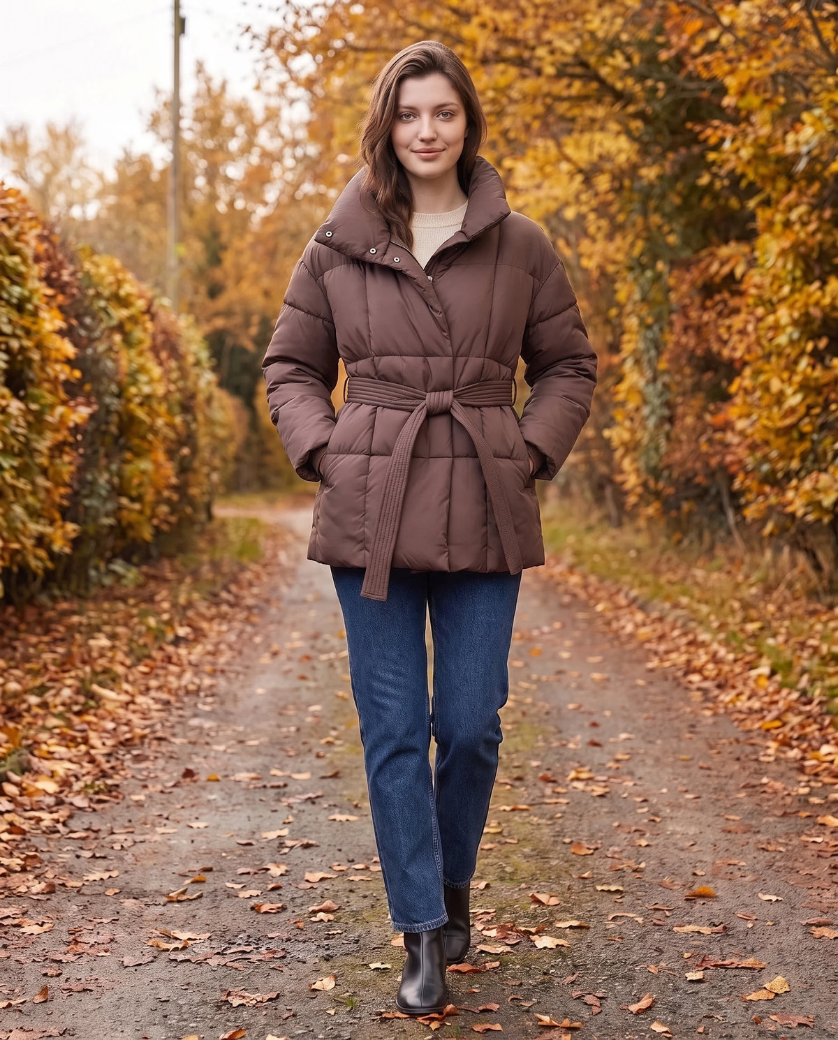 Steppjacke mit Bindegürtel und Stehkragen Lou in Schokolade, getragen auf einem Feldweg im Herbst