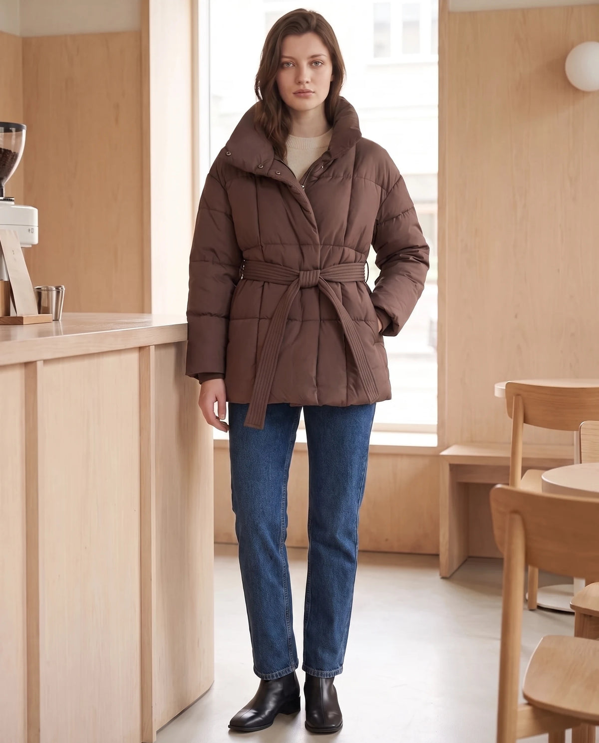 Steppjacke mit Bindegürtel und Stehkragen Lou in Schokolade, getragen in einem Café mit hellen Holzwänden