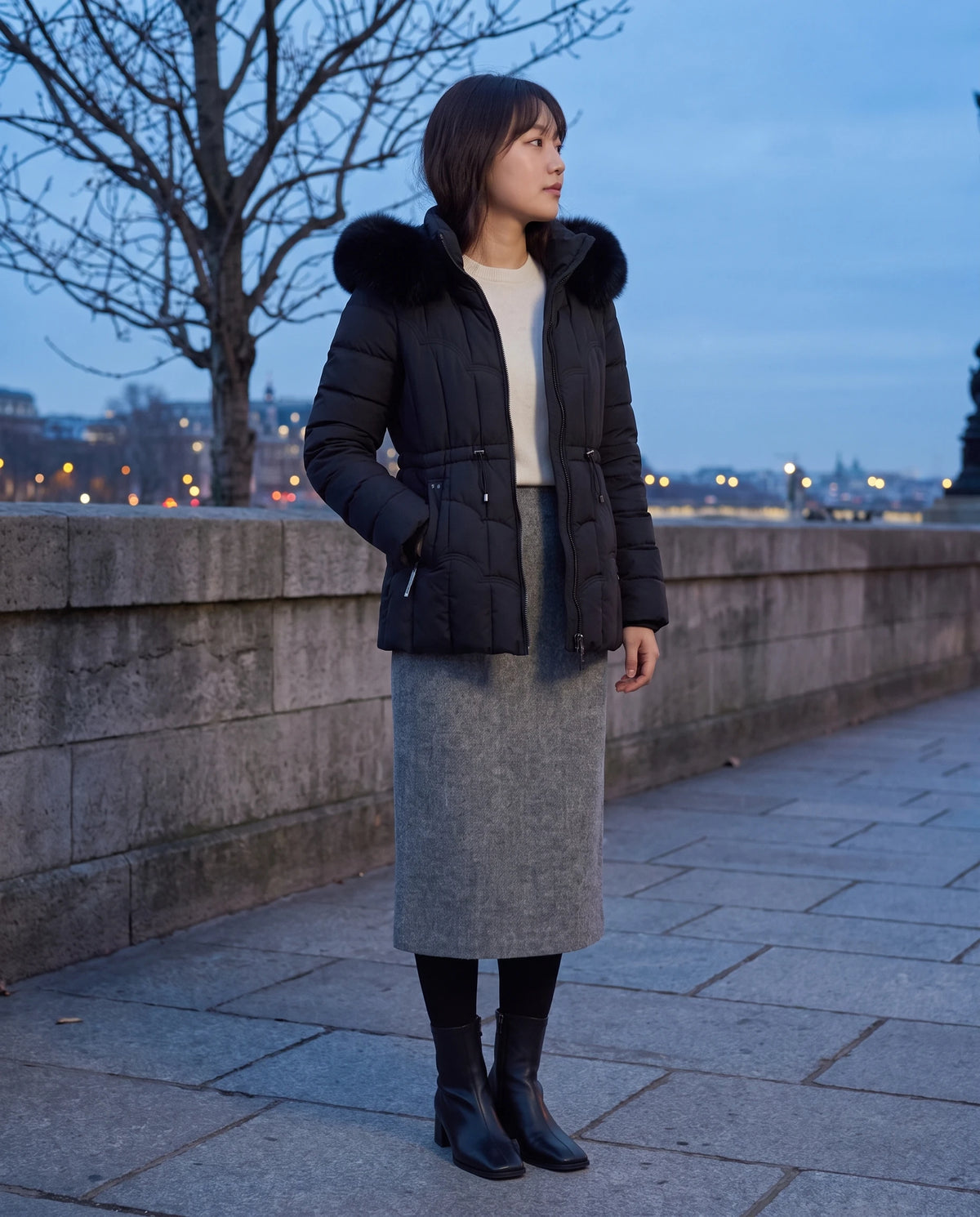 Doudoune courte cintrée à capuche fausse fourrure Alizée, coloris Noir, portée sur un quai en pierre à l'heure bleue