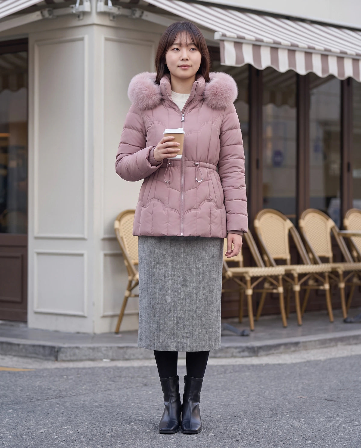 Doudoune courte cintrée à capuche fausse fourrure Alizée, coloris Rose Cendré, portée devant la terrasse d'un café en hiver