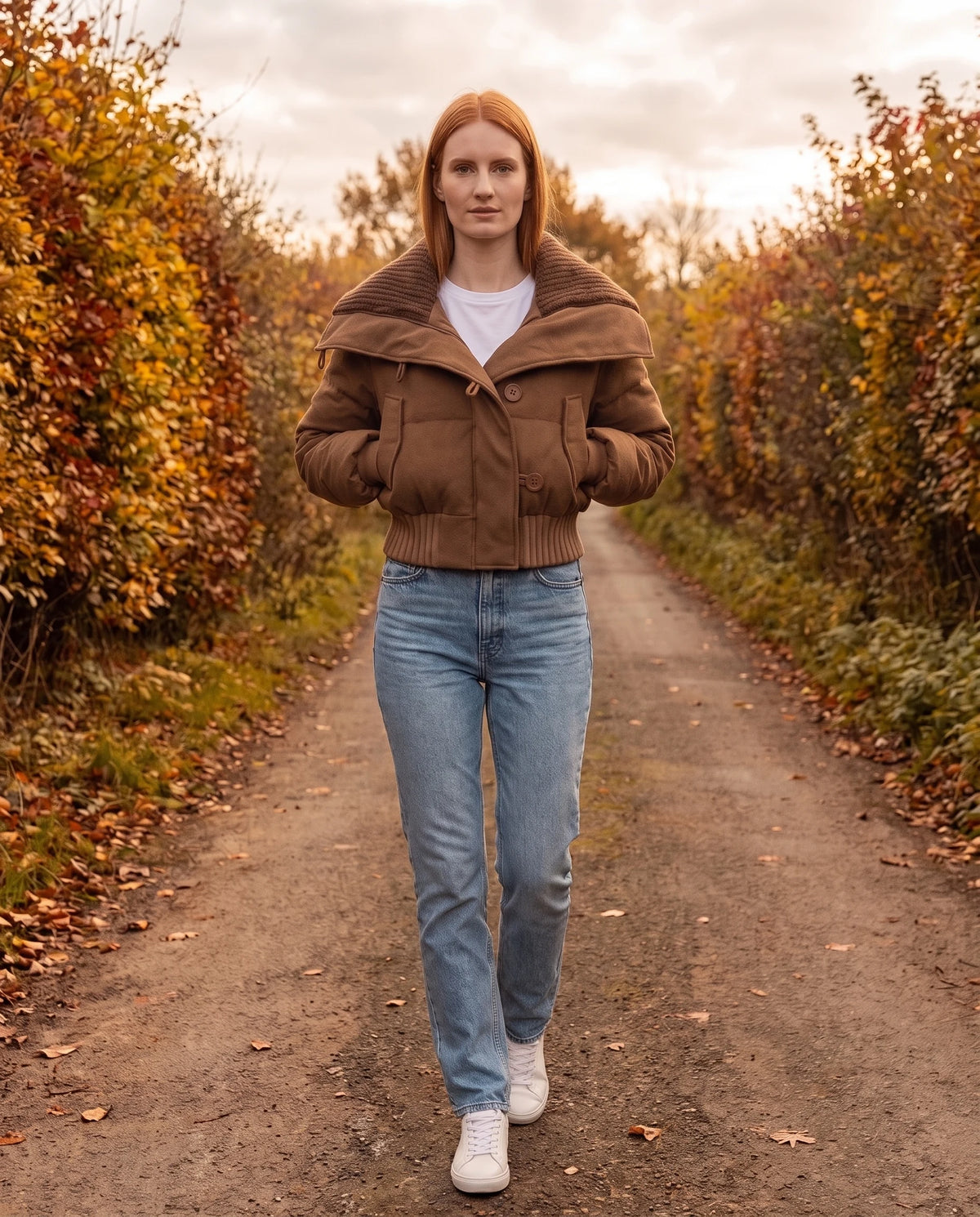 Doudoune courte à col tricot boutonnée Livie en Marron, portée sur un chemin de campagne en automne