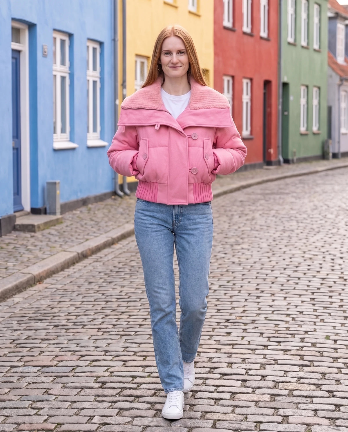 Doudoune courte à col tricot boutonnée Livie en Rose Bonbon, portée dans une rue de maisons colorées