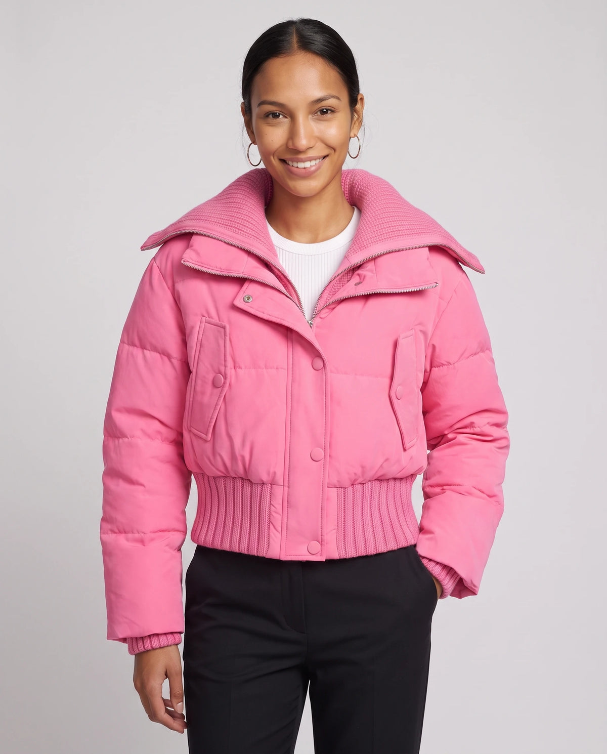 Doudoune courte à col tricot Nella en Rose Vif, plan rapproché de face