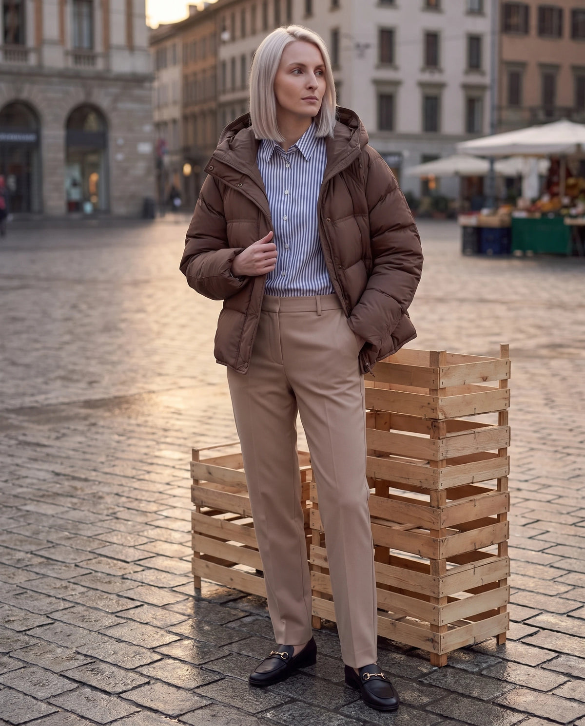 Doudoune courte matelassée à capuche et patte à pressions Ilona brun cacao, portée ouverte, place de marché au crépuscule