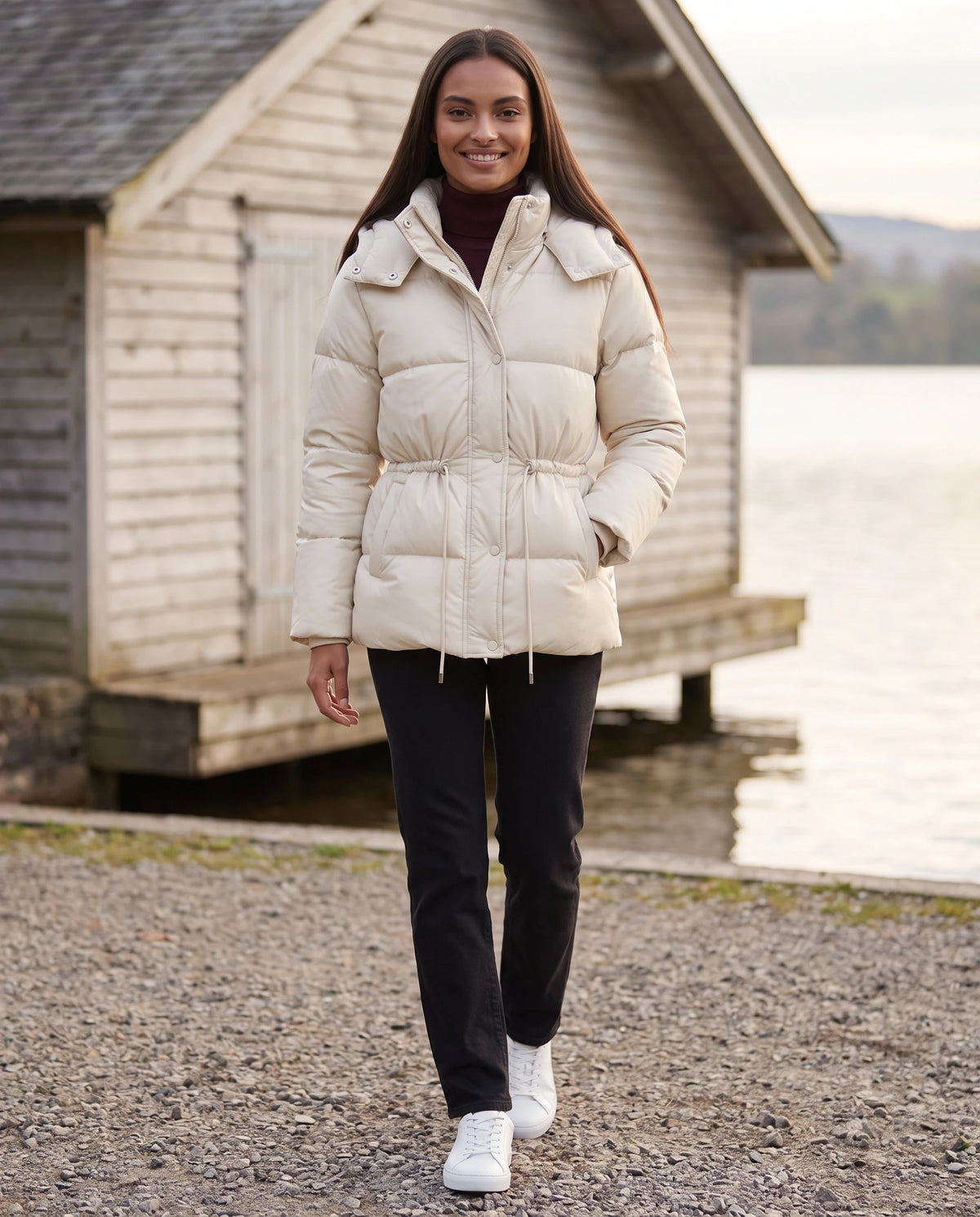 Kurze Steppjacke mit Kapuze und elastischer Taille Annick in Elfenbein, getragen vor einem Bootshaus am See