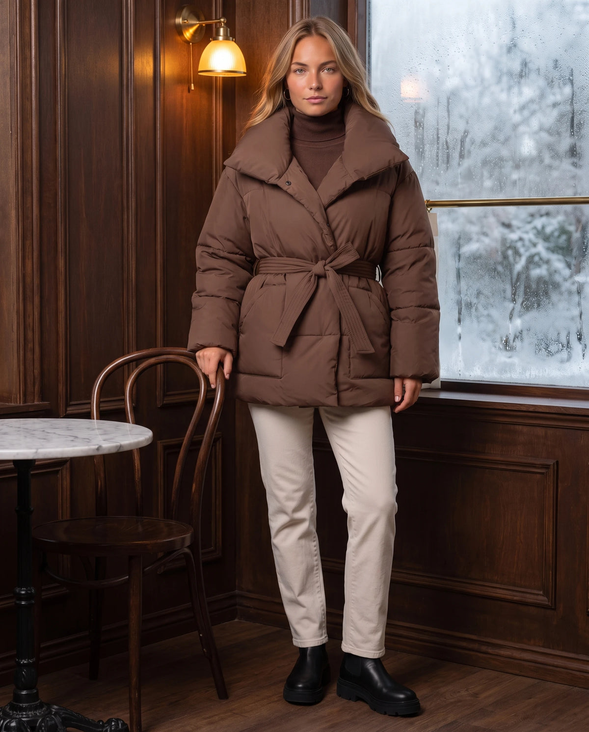 Doudoune courte oversize Maïwenn en Chocolat portée dans un café d'hiver