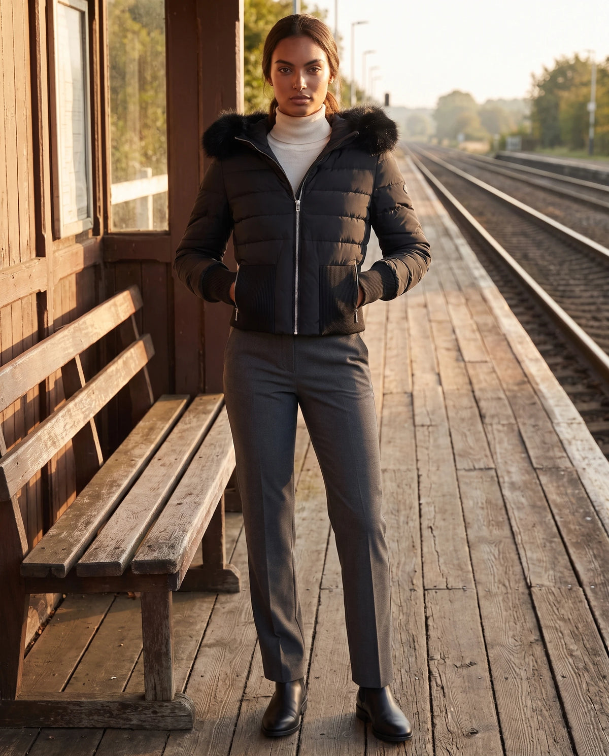 Kurze taillierte Steppjacke mit Kunstfellkapuze Lilou in Schwarz, getragen auf einem ländlichen Bahnsteig am frühen Morgen