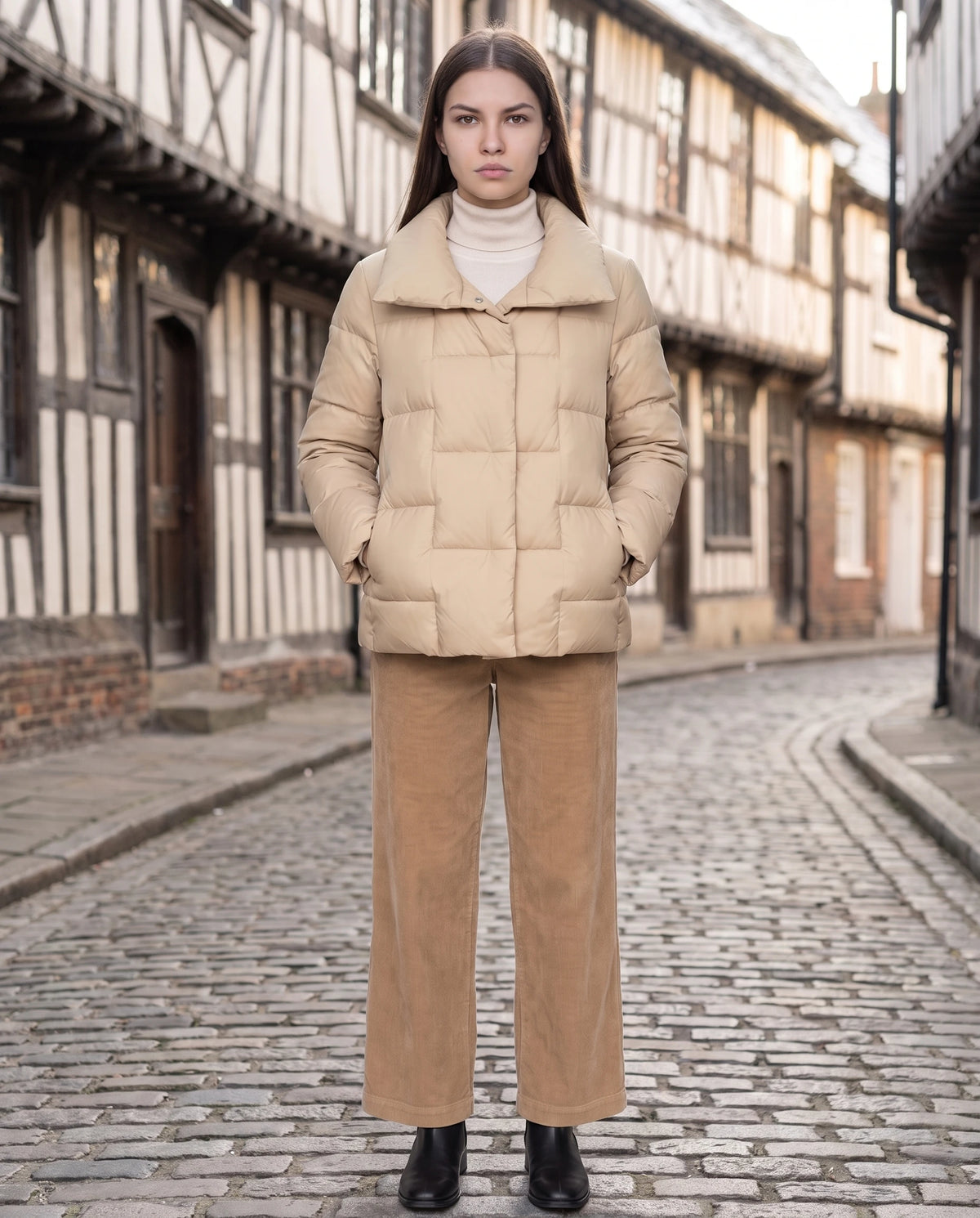 Kurze Steppjacke mit grossem Kragen und grossen Karos Stéphanie in Beige, getragen mit hochgestelltem Kragen in einer Kopfsteinpflasterstrasse mit Fachwerkhäusern