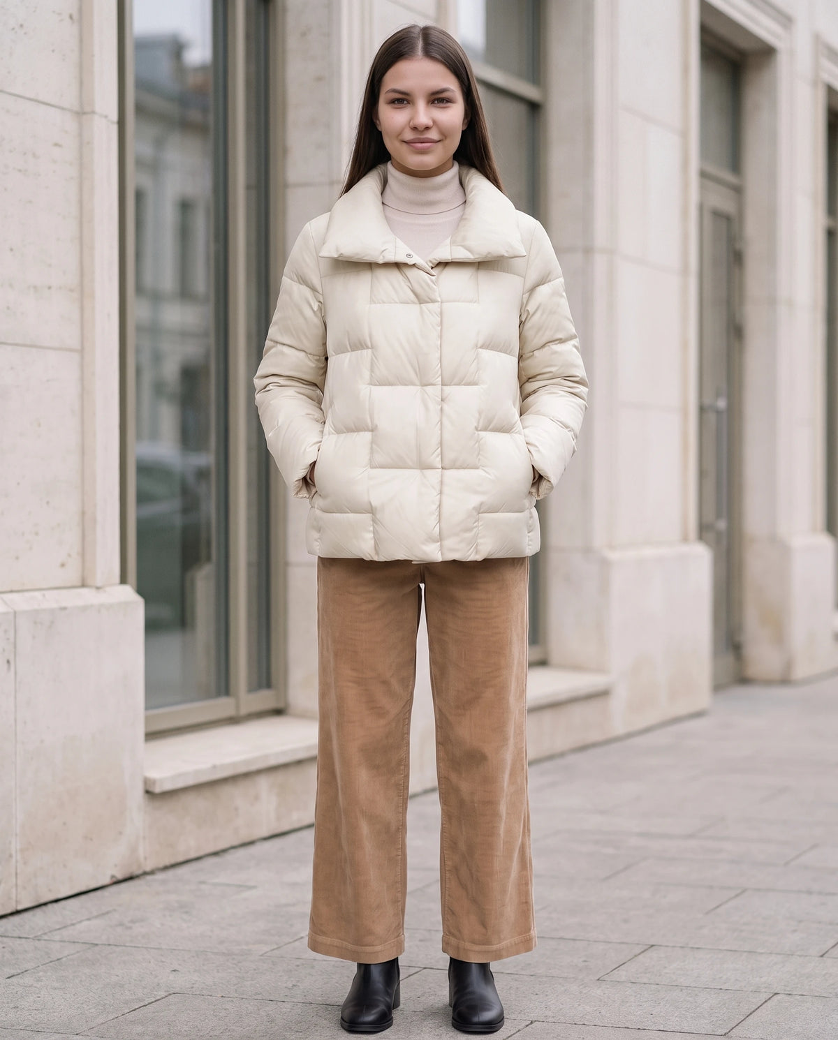 Kurze Steppjacke mit grossem Kragen und grossen Karos Stéphanie in Cremeweiss, getragen vor einer hellen Steinfassade