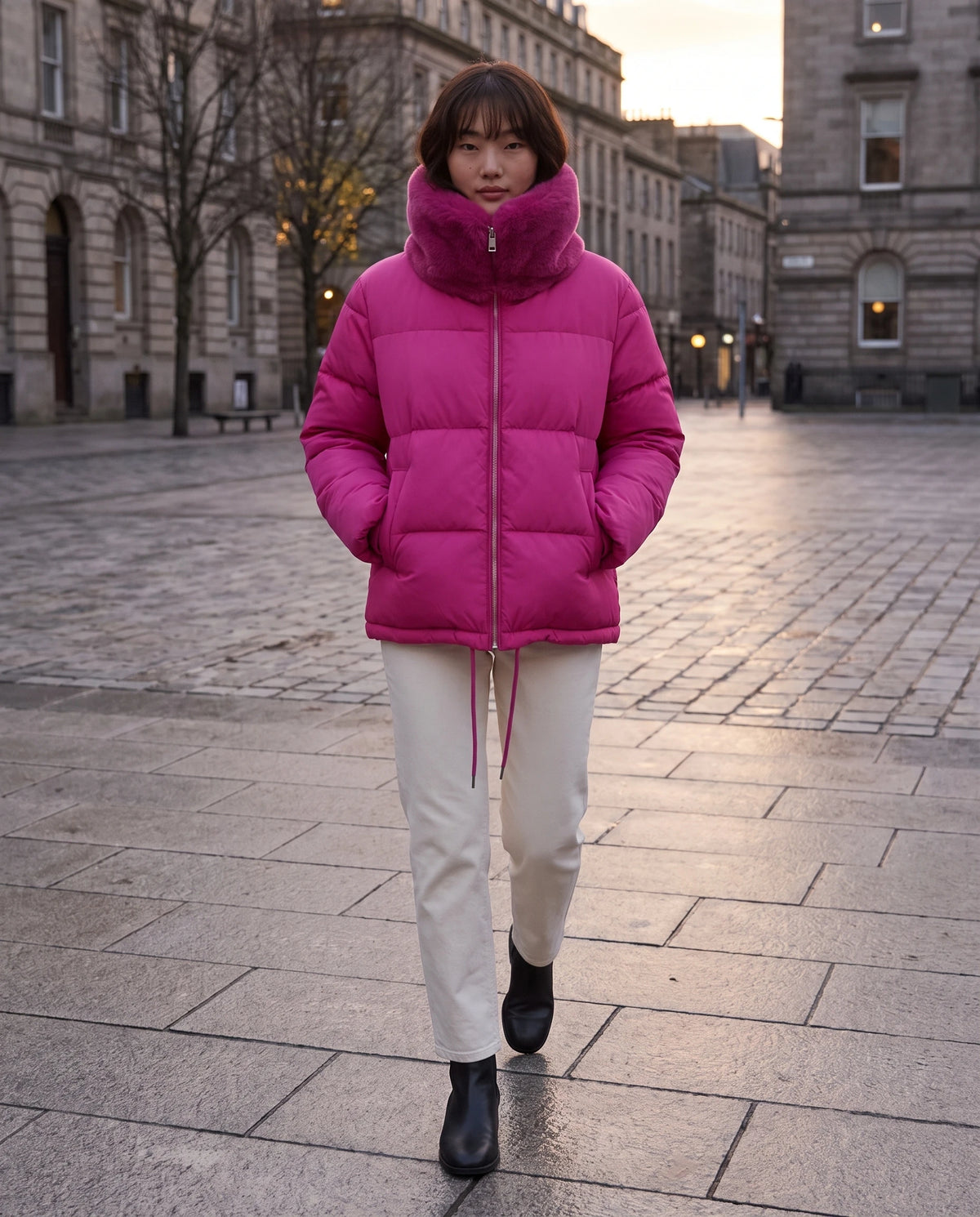 Kurze Steppjacke mit grossem Kunstfellkragen Mila in Fuchsia, getragen auf einem grauen Stadtplatz in der Dämmerung, Kragen hochgestellt
