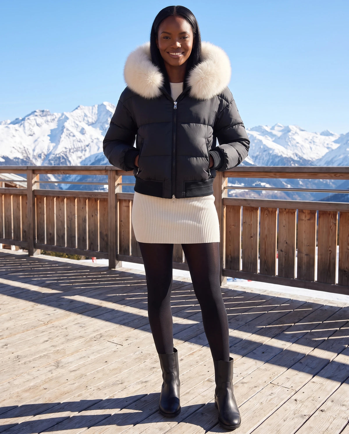 Kurze Steppjacke mit grosser Kunstfellkapuze Rebecca in Schwarz · weisses Fell, getragen auf einer Skiort-Terrasse in der Sonne