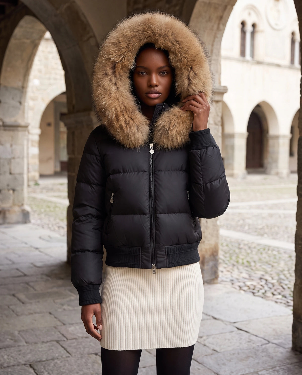 Kurze Steppjacke mit grosser Kunstfellkapuze Rebecca in Schwarz · naturfarbenes Fell, getragen unter den Arkaden eines alten Platzes, Kapuze aufgesetzt