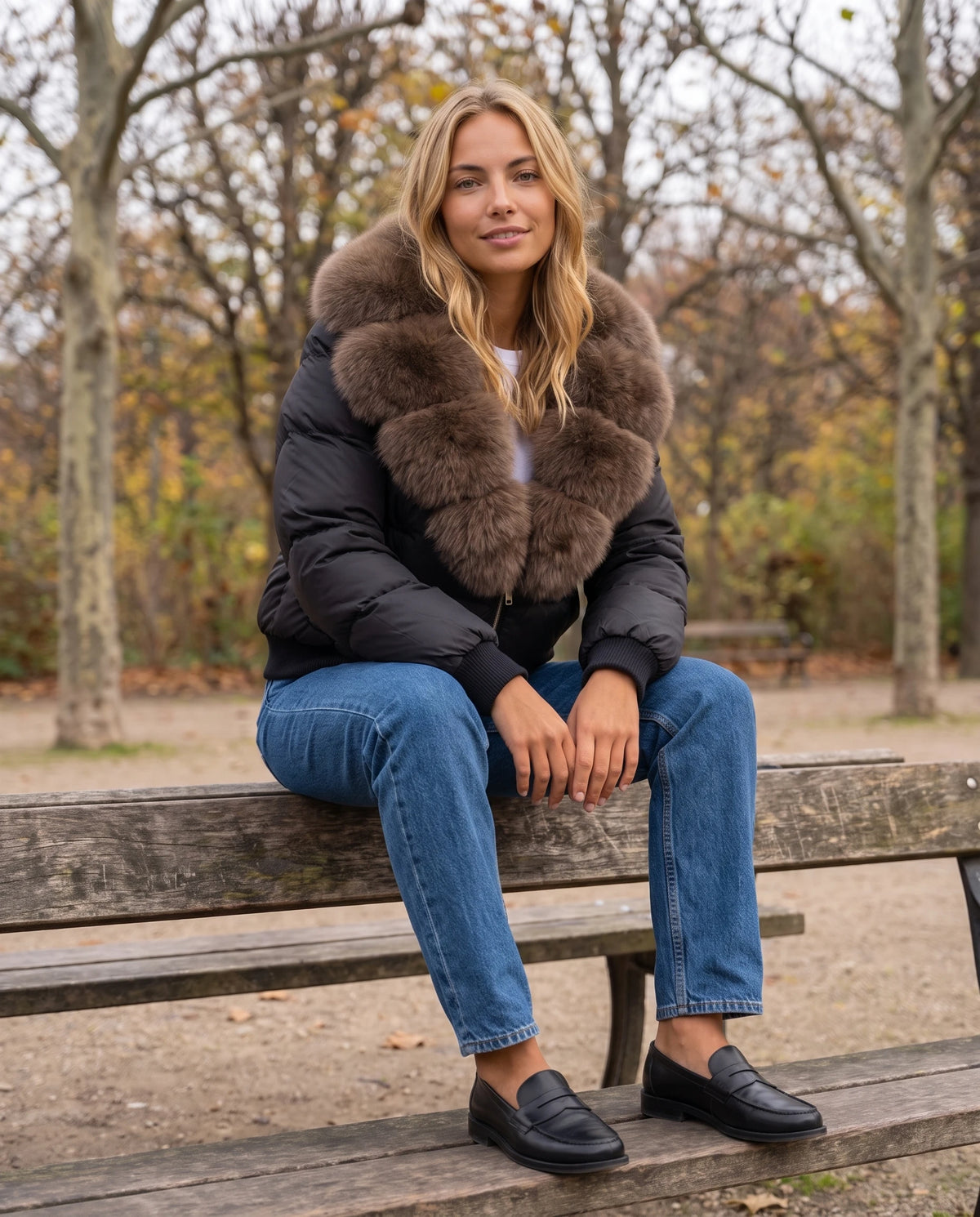 Kurze Steppjacke mit breitem Kunstfellkragen Eva in Schwarz, getragen auf der Terrasse eines geschlossenen Cafés mit Rattanstühlen