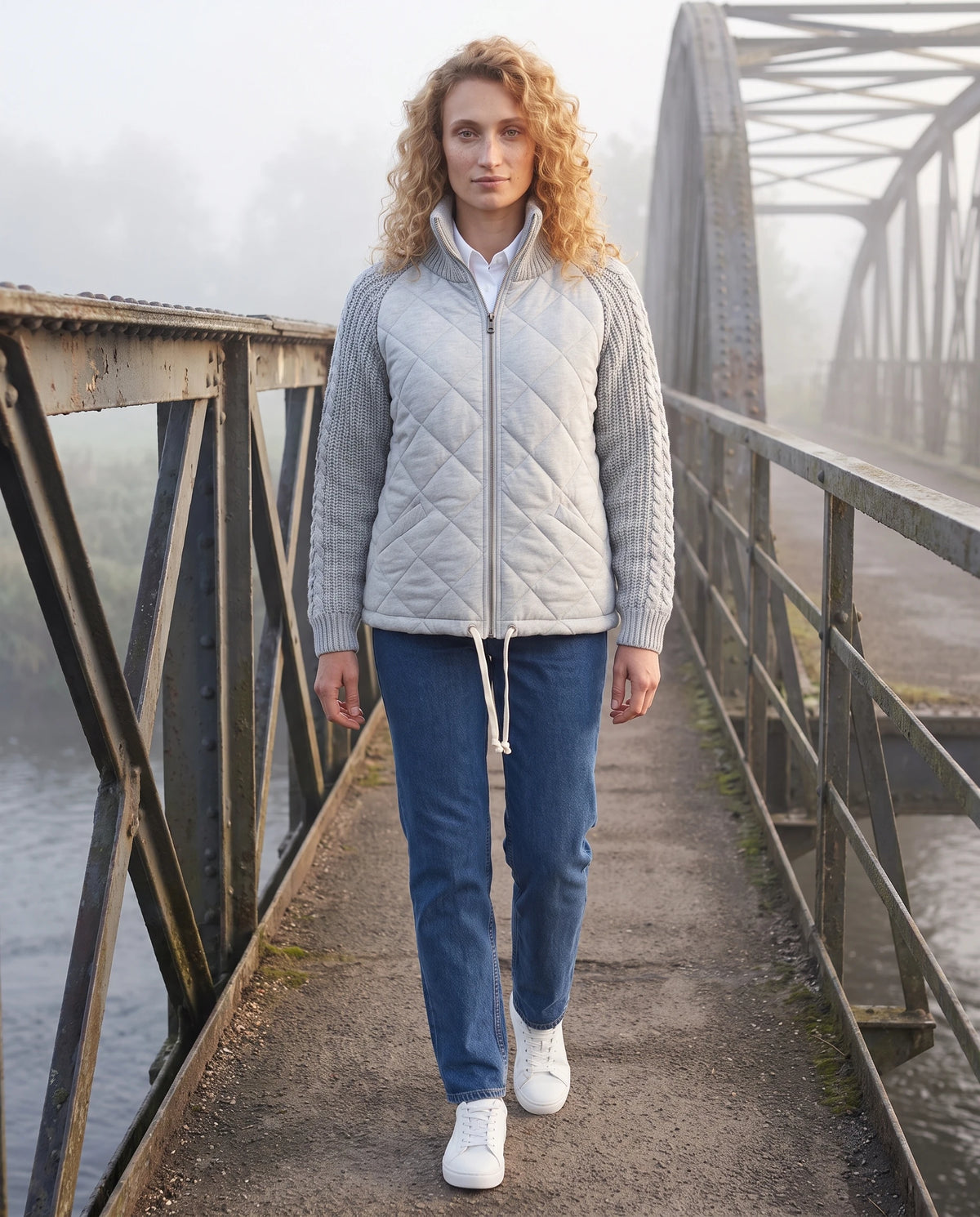 Doudoune courte à manches tricot Emma en Gris clair, portée sur un pont métallique dans la brume du matin
