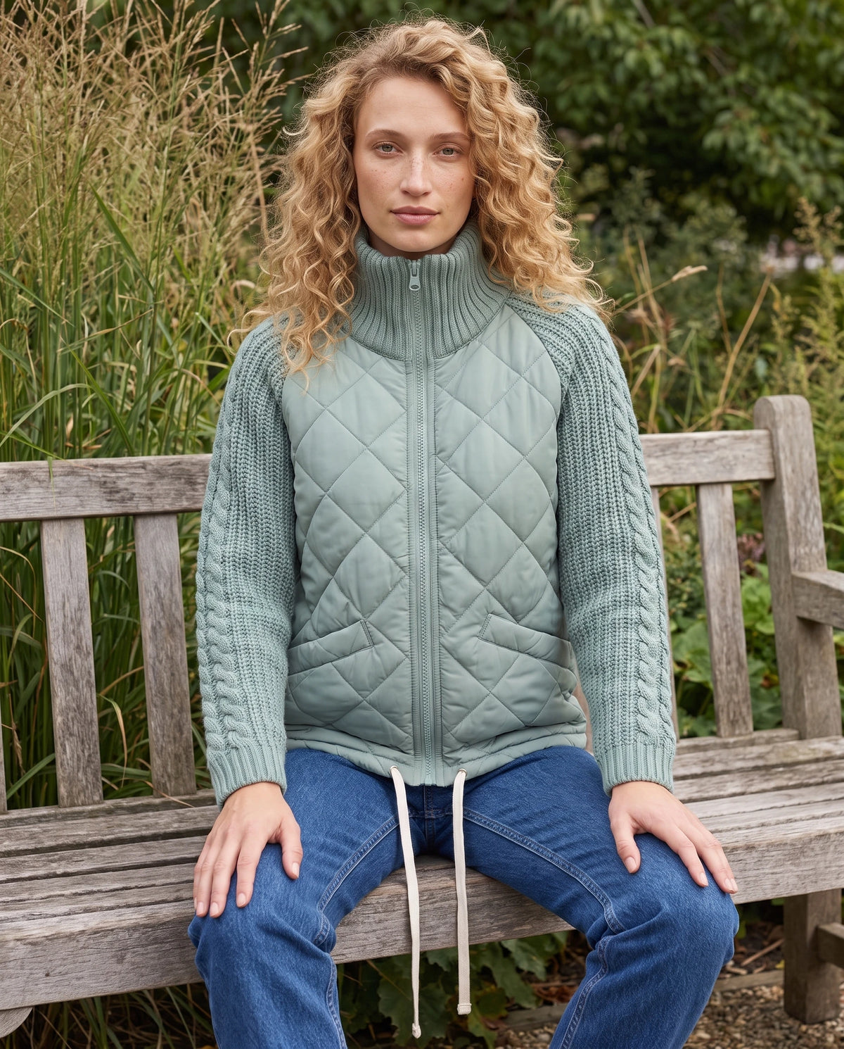 Doudoune courte à manches tricot Emma en Vert Sauge, portée sur un banc de jardin public devant des graminées