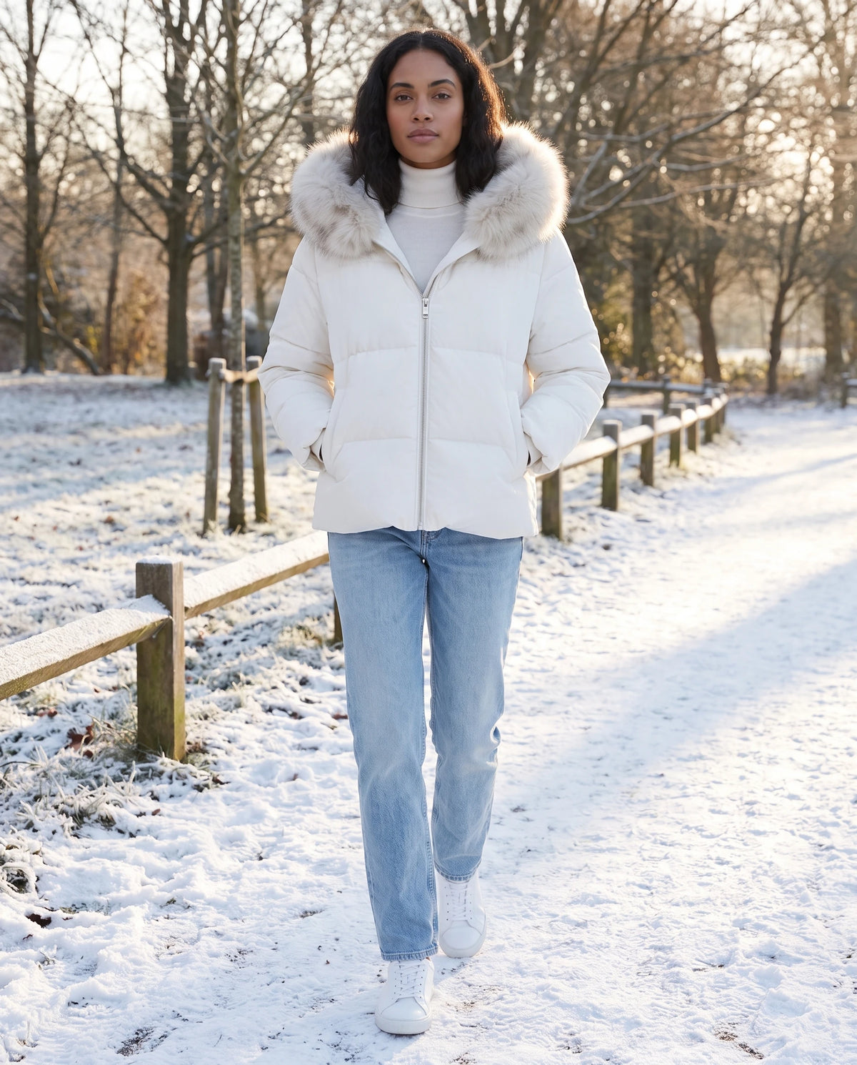Doudoune courte oversize à capuche fausse fourrure Anna en Blanc, portée sur une place enneigée au petit matin