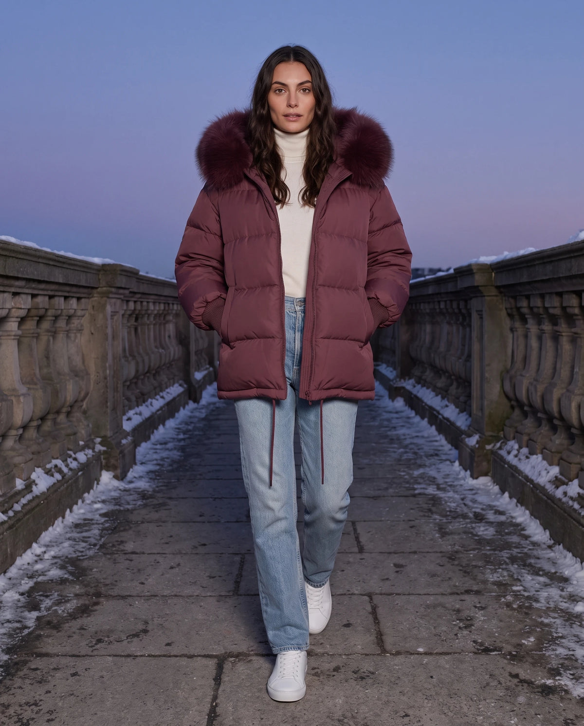 Doudoune courte oversize à capuche fausse fourrure Anna en Bordeaux, portée sur un pont de pierre au crépuscule d'hiver