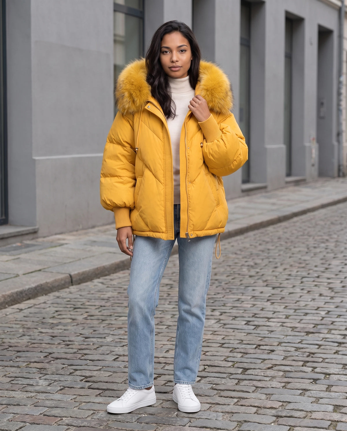 Doudoune courte oversize à capuche fausse fourrure Anna en Jaune Moutarde, portée dans une rue pavée aux façades grises