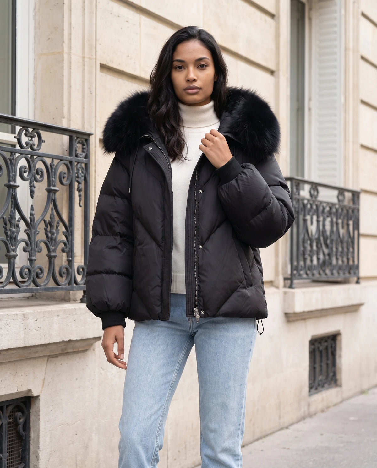 Doudoune courte oversize à capuche fausse fourrure Anna en Noir, portée devant une façade haussmannienne en pierre claire