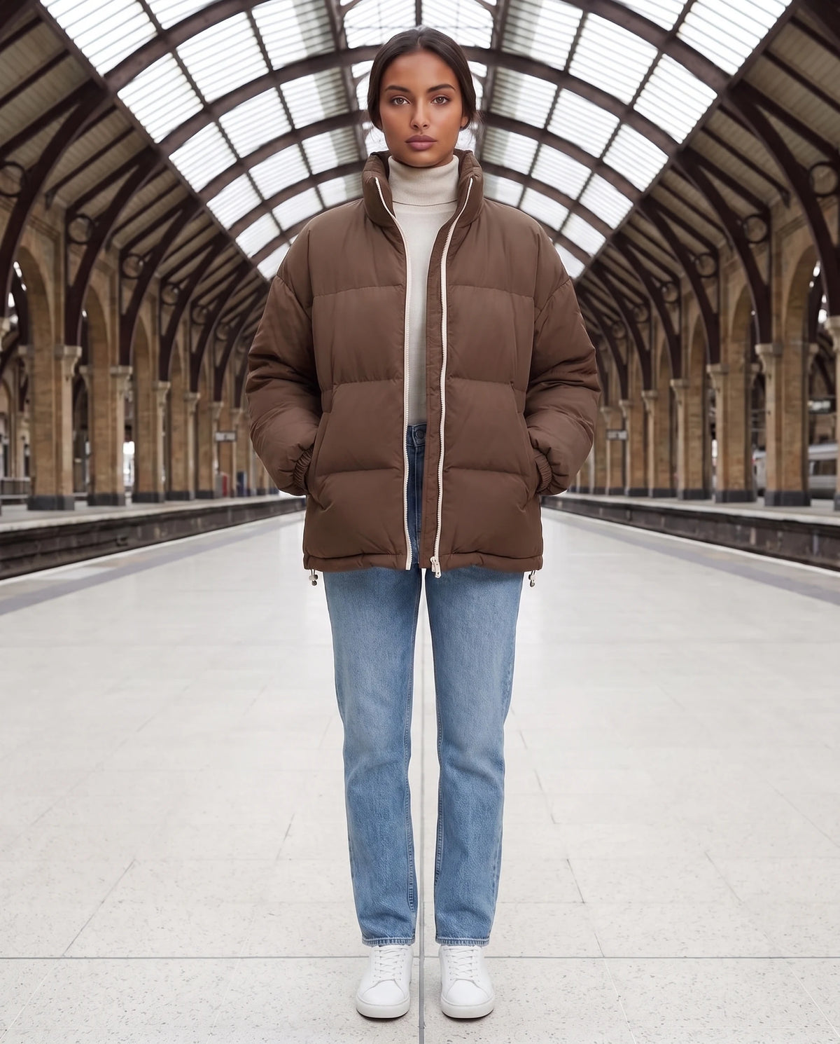 Doudoune courte oversize col montant zip contrasté Alice en Chocolat, portée dans un hall de gare