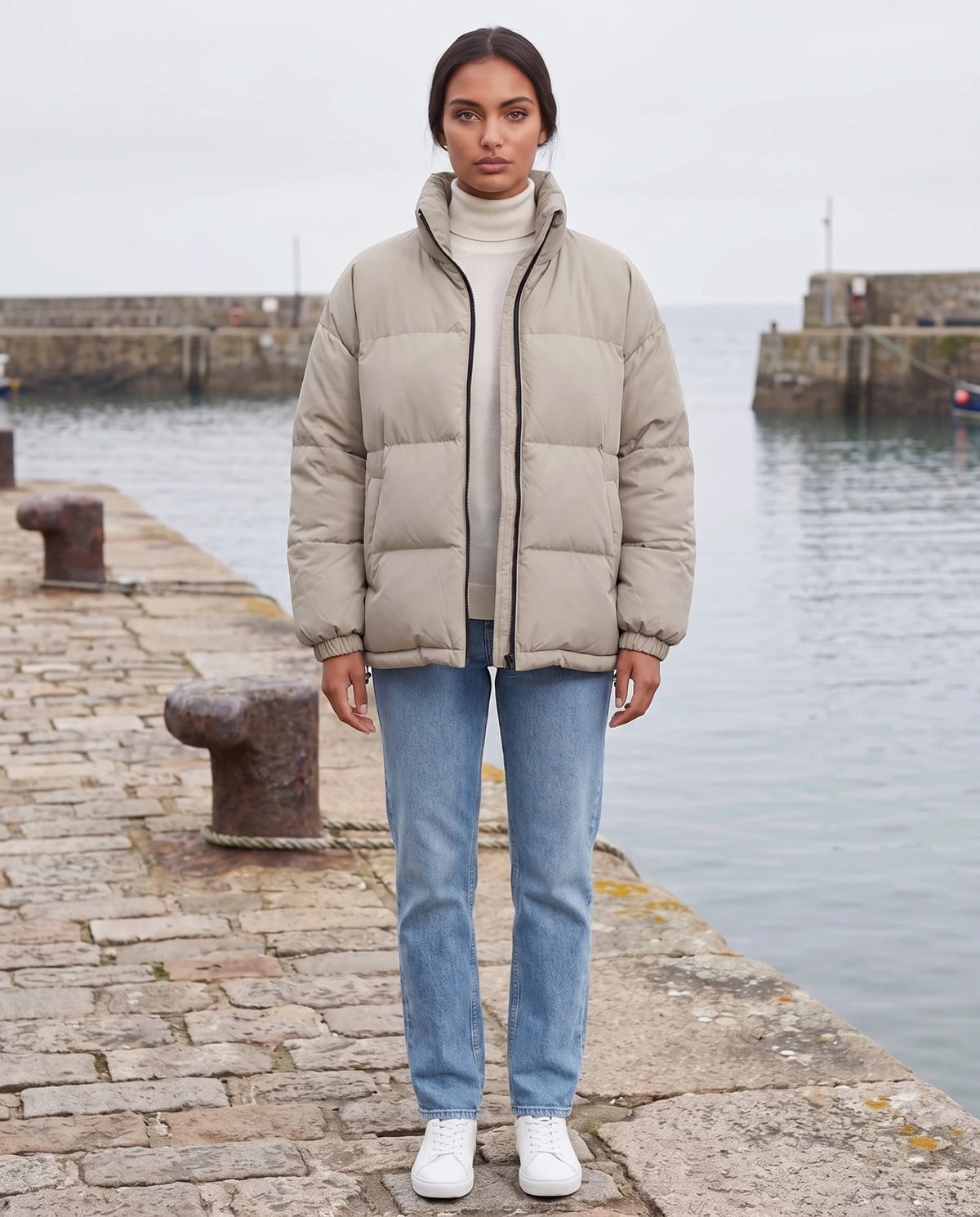 Doudoune courte oversize col montant zip contrasté Alice en Grège, portée sur un quai de port