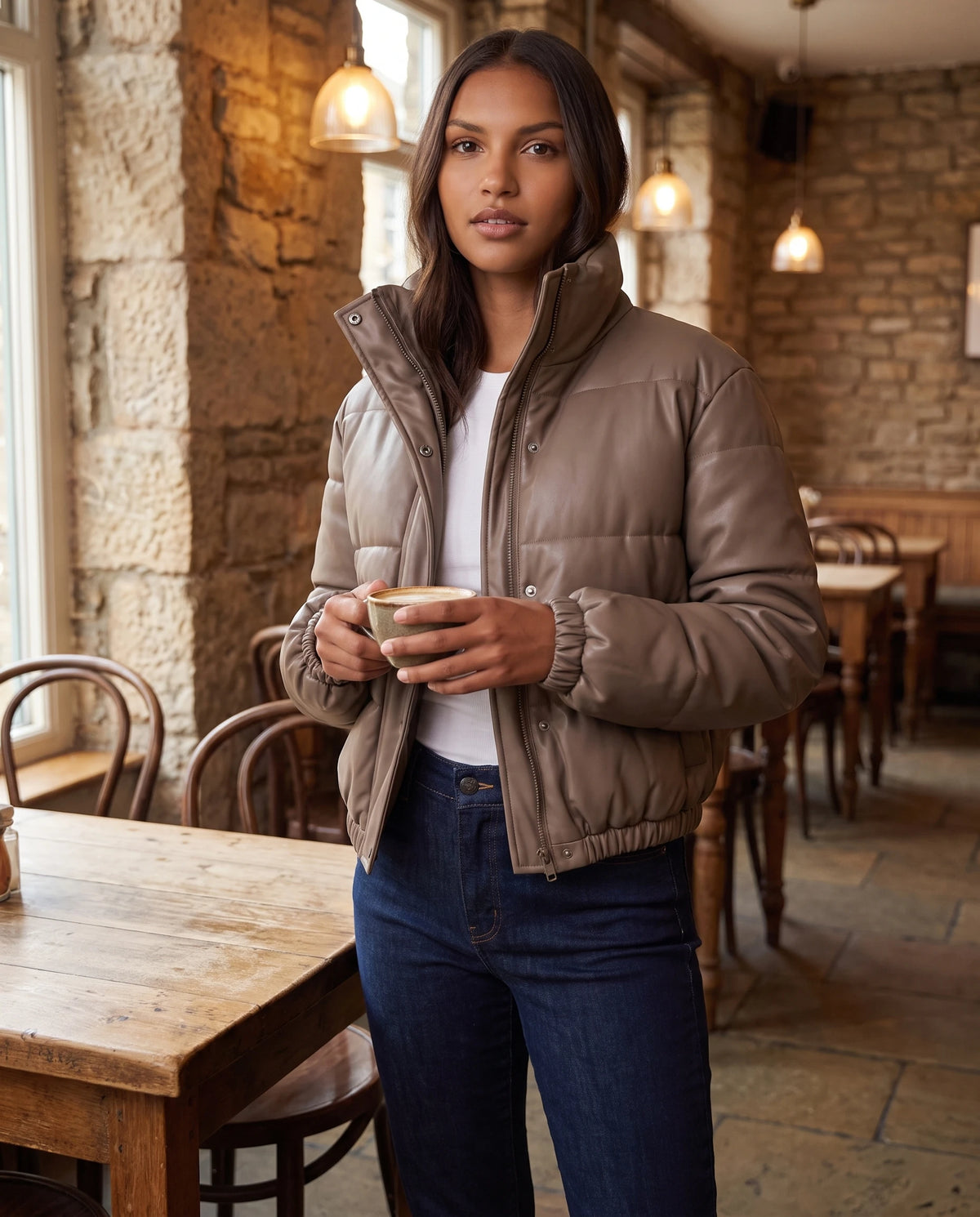 Kurze Steppjacke aus beschichtetem Stoff Alaïs in Taupe, getragen in einem Café mit Steinwänden