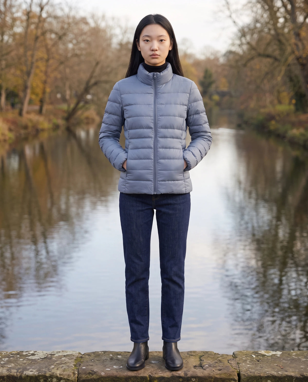 Ultraleichte kurze Steppjacke mit Stehkragen Myriam in Dunstblau, getragen auf einer Steinbrücke über einem Fluss