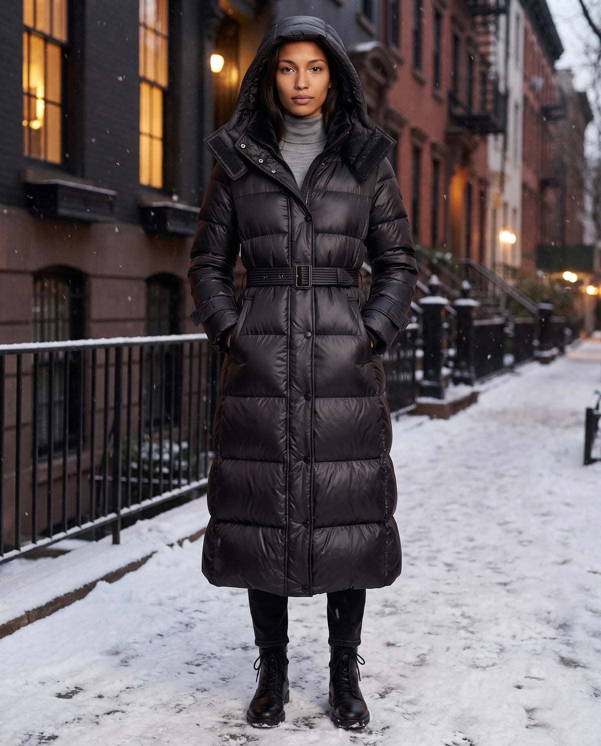Extralange glänzende Steppjacke mit Kapuze und Schnallengürtel Carole in Schwarz, getragen mit Kapuze auf einem verschneiten Gehweg vor Stadthäusern in der Dämmerung