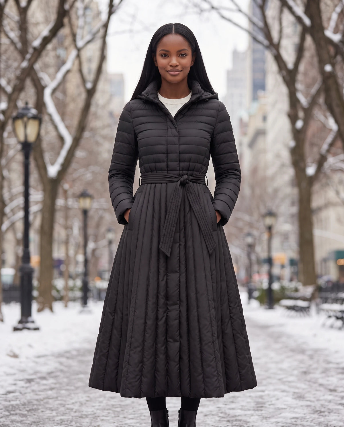 Doudoune extra-longue évasée à capuche et ceinture Tatiana en Noir, portée sur une avenue enneigée bordée de réverbères