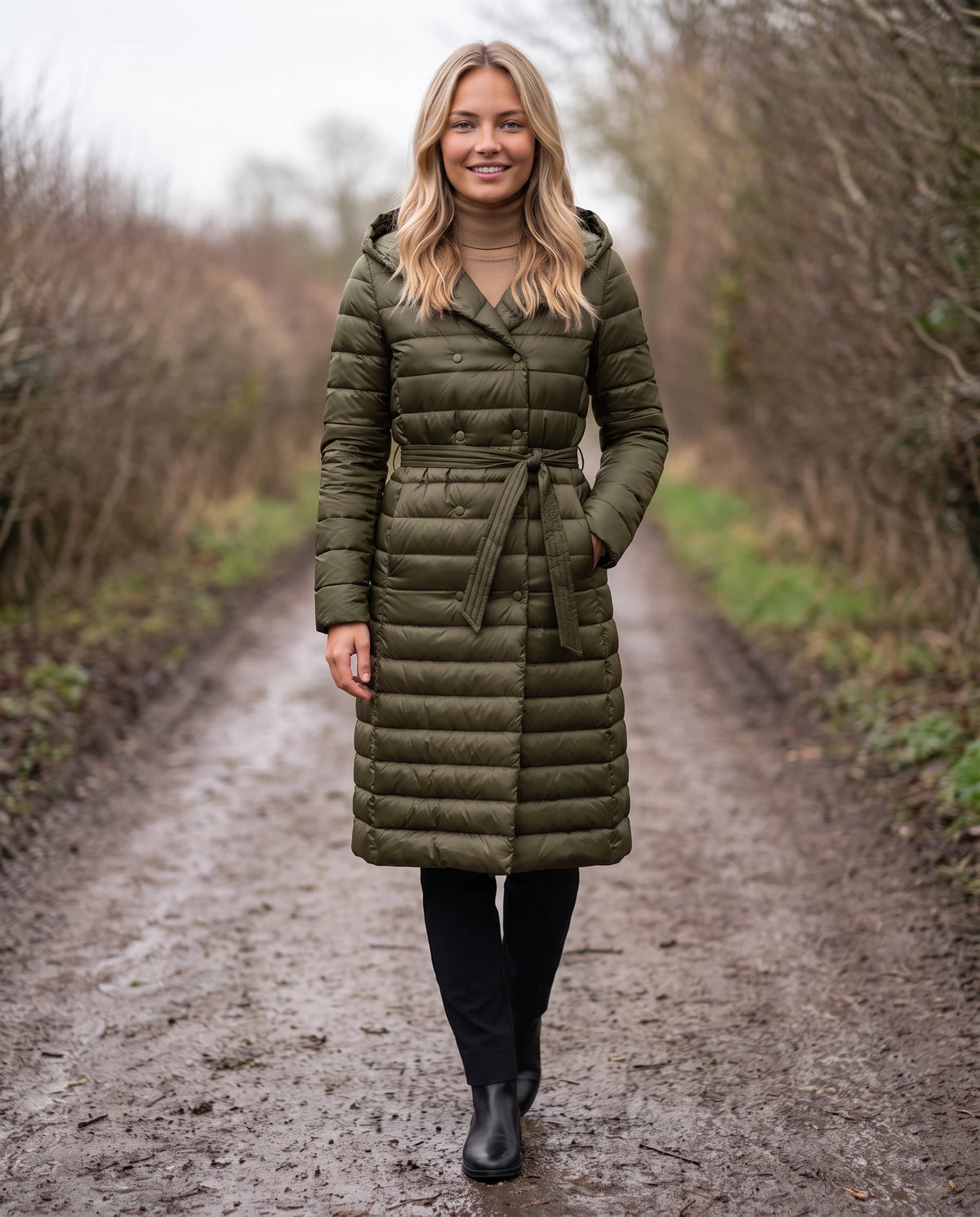 Doudoune extra-longue légère à capuche et double boutonnage Joëlle en Vert Olive, portée sur un chemin bordé de haies en hiver