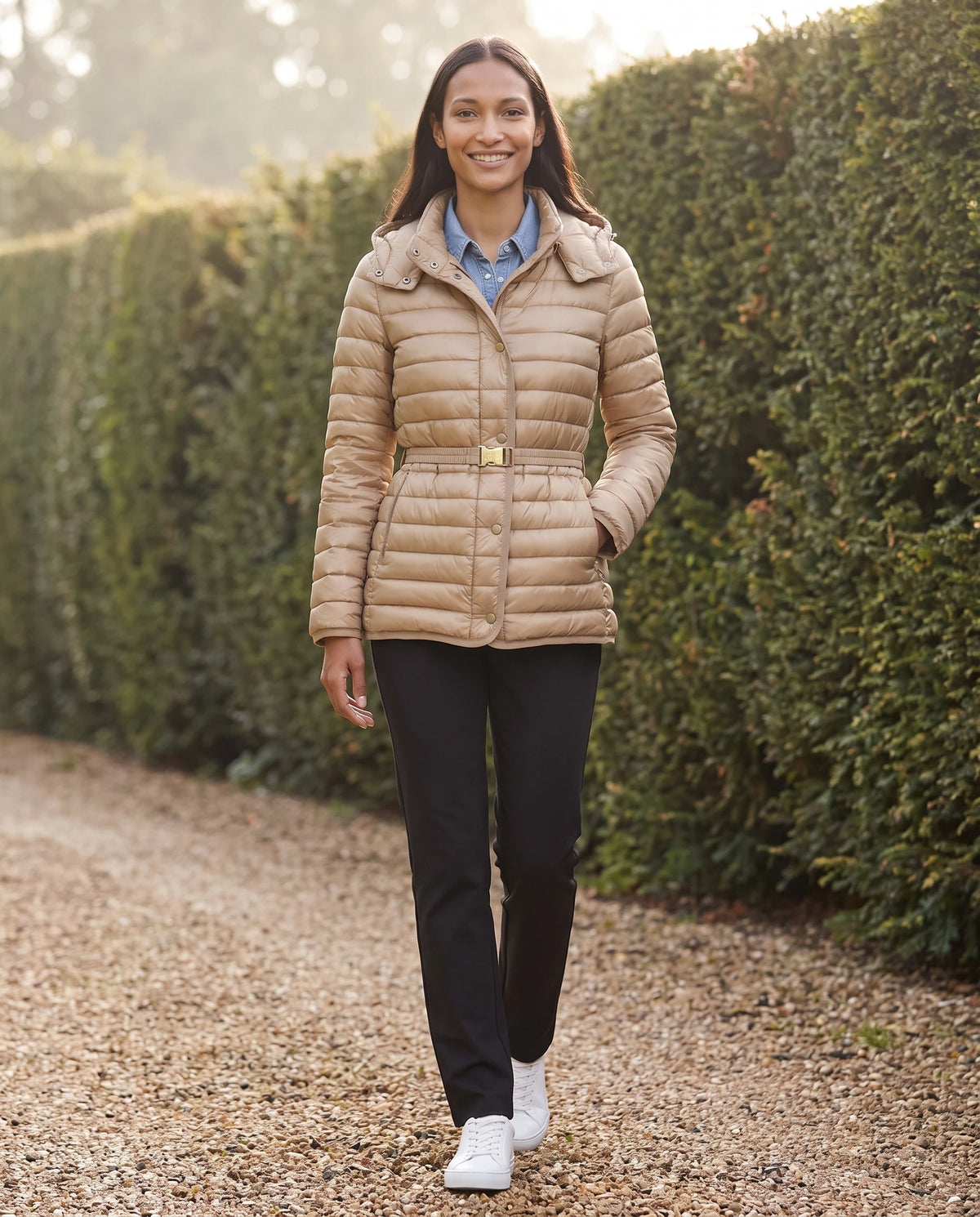 Leichte Steppjacke mit Kapuze und Schnallengürtel Magali in Camel, getragen vor einer geschnittenen Gartenhecke