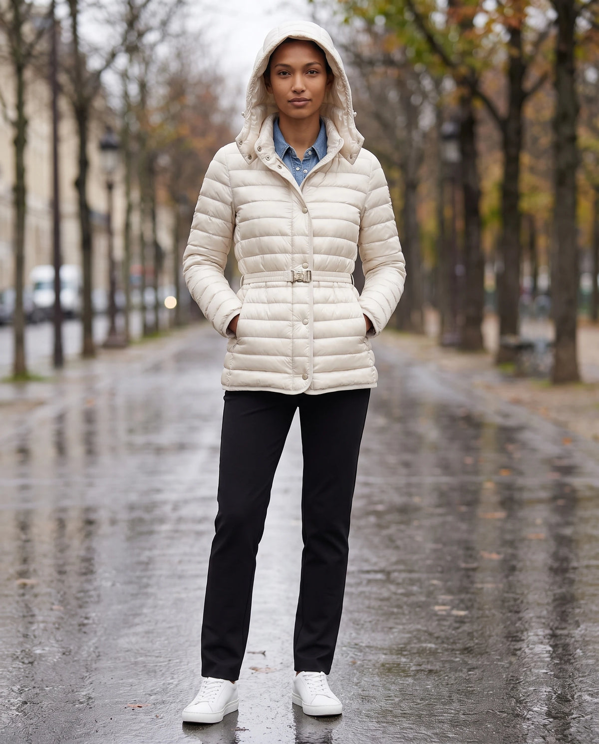Leichte Steppjacke mit Kapuze und Schnallengürtel Magali in Elfenbein, getragen mit Kapuze auf einem baumgesäumten Boulevard nach dem Regen