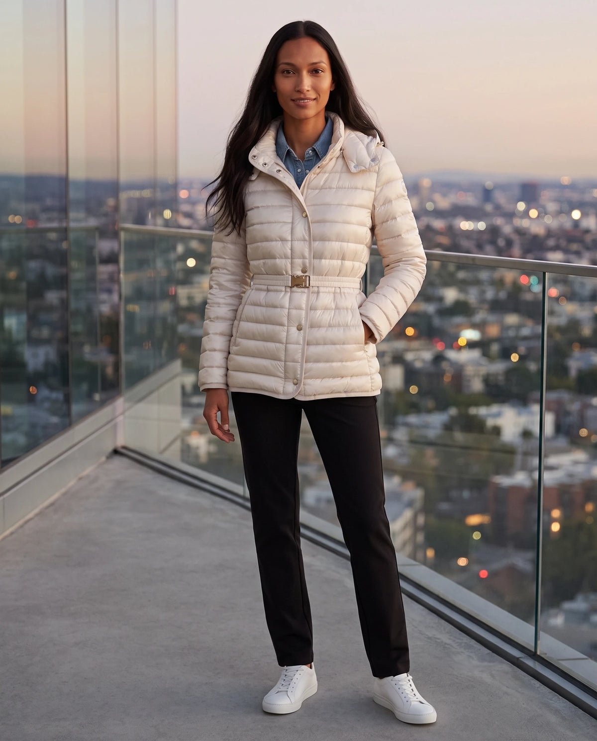 Leichte Steppjacke mit Kapuze und Schnallengürtel Magali in Elfenbein, getragen auf der Terrasse eines Glasgebäudes in der Dämmerung