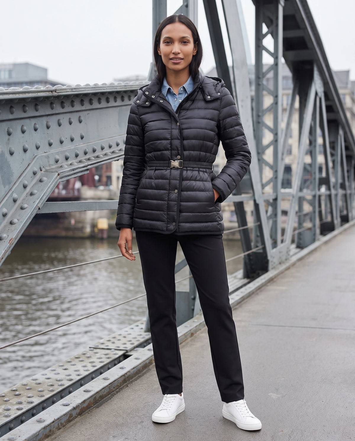 Leichte Steppjacke mit Kapuze und Schnallengürtel Magali in Schwarz, getragen auf einer Stahlbrücke in der Stadt